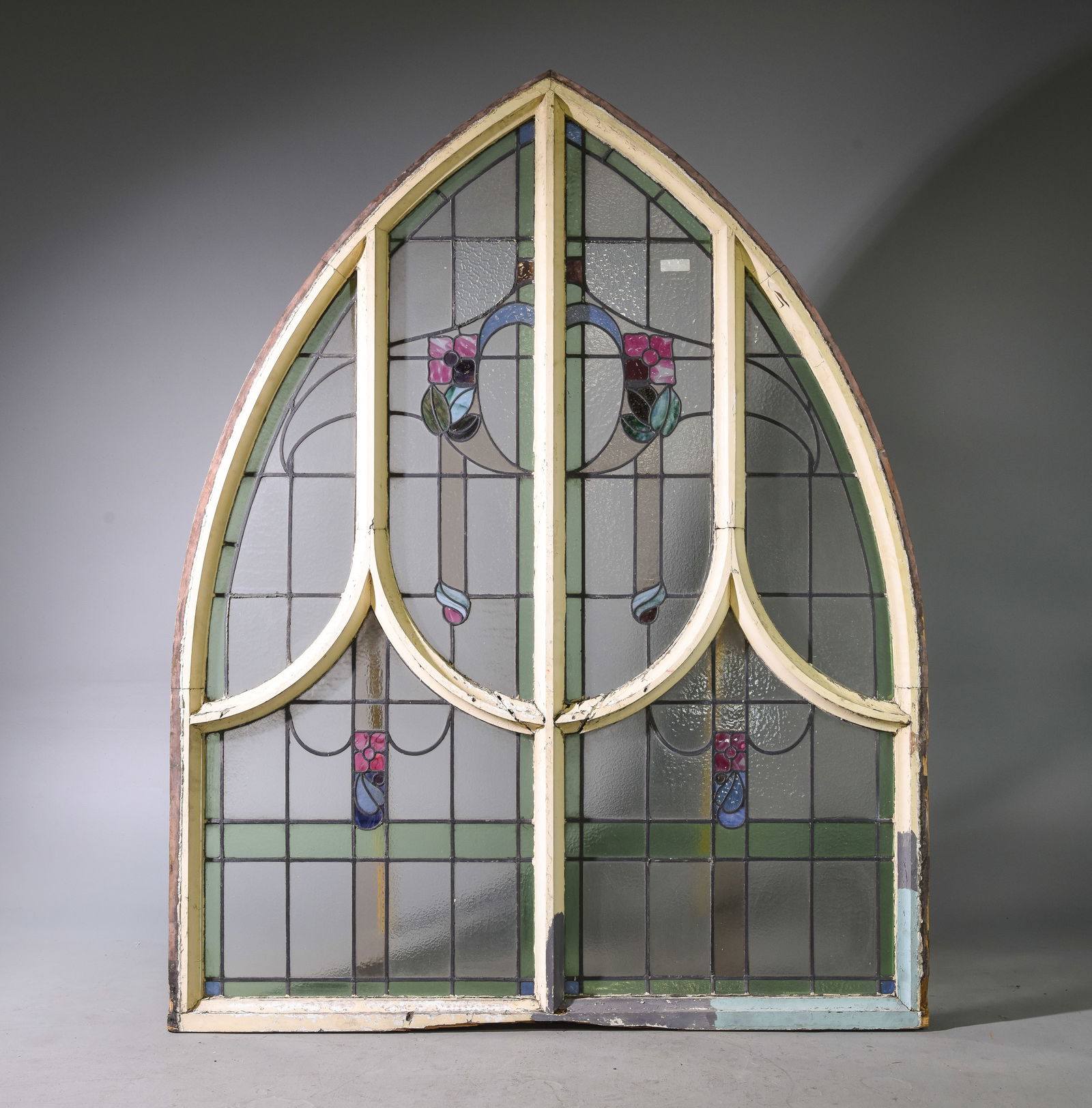 British Wide Arched Stained Glass Window in Frame (1 of 5)