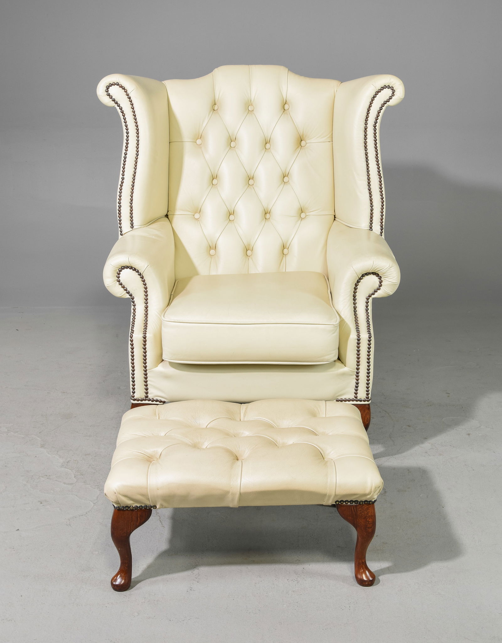 White Leather Chesterfield Wing Chair & Ottoman (1 of 7)