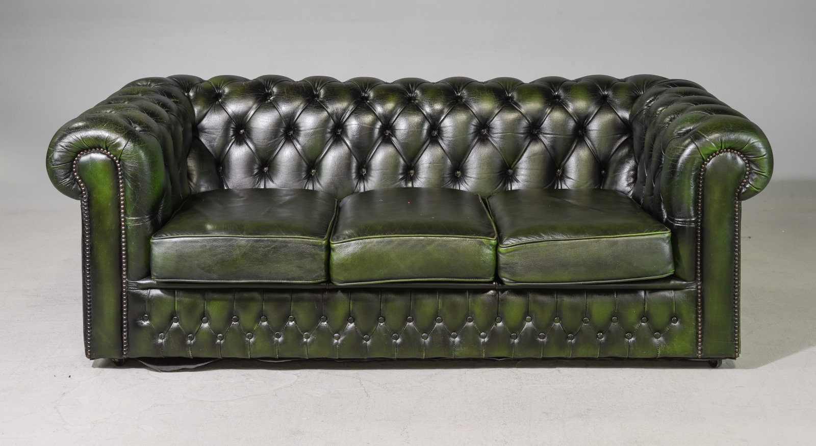 British Green Leather 3 Seater Chesterfield Sofa: British Green Leather 3 Seater Chesterfield Sofa - 27 inches tall x 75 x 38, seat height is 16 inches