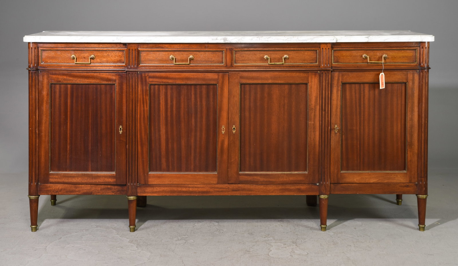 Louis XVI Style White Marble Top Sideboard: French Louis XVI Style Mahogany White Marble Top Sideboard - 41.5 inches tall x 86.5 x 22.5