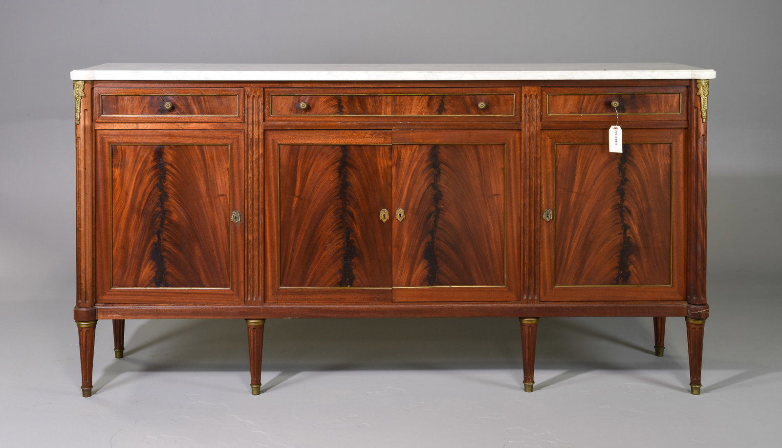 Louis XVI Style Mahogany White Marble Top Sideboard: French Louis XVI Style Mahogany White Marble Top Sideboard - 40.5 inches tall x 78.5 x 19