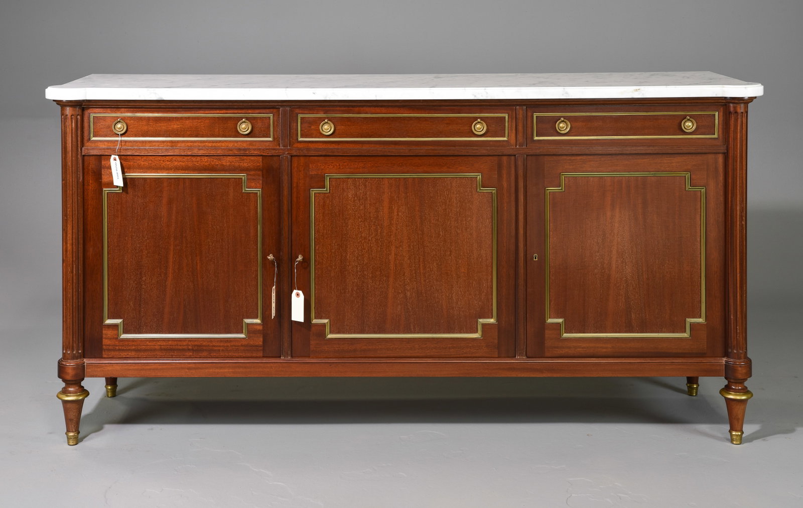 Louis XVI Style Mahogany White Marble Top Sideboard: French Louis XVI Style Mahogany White Marble Top Sideboard - 38 inches tall x 74 1/2 x 21