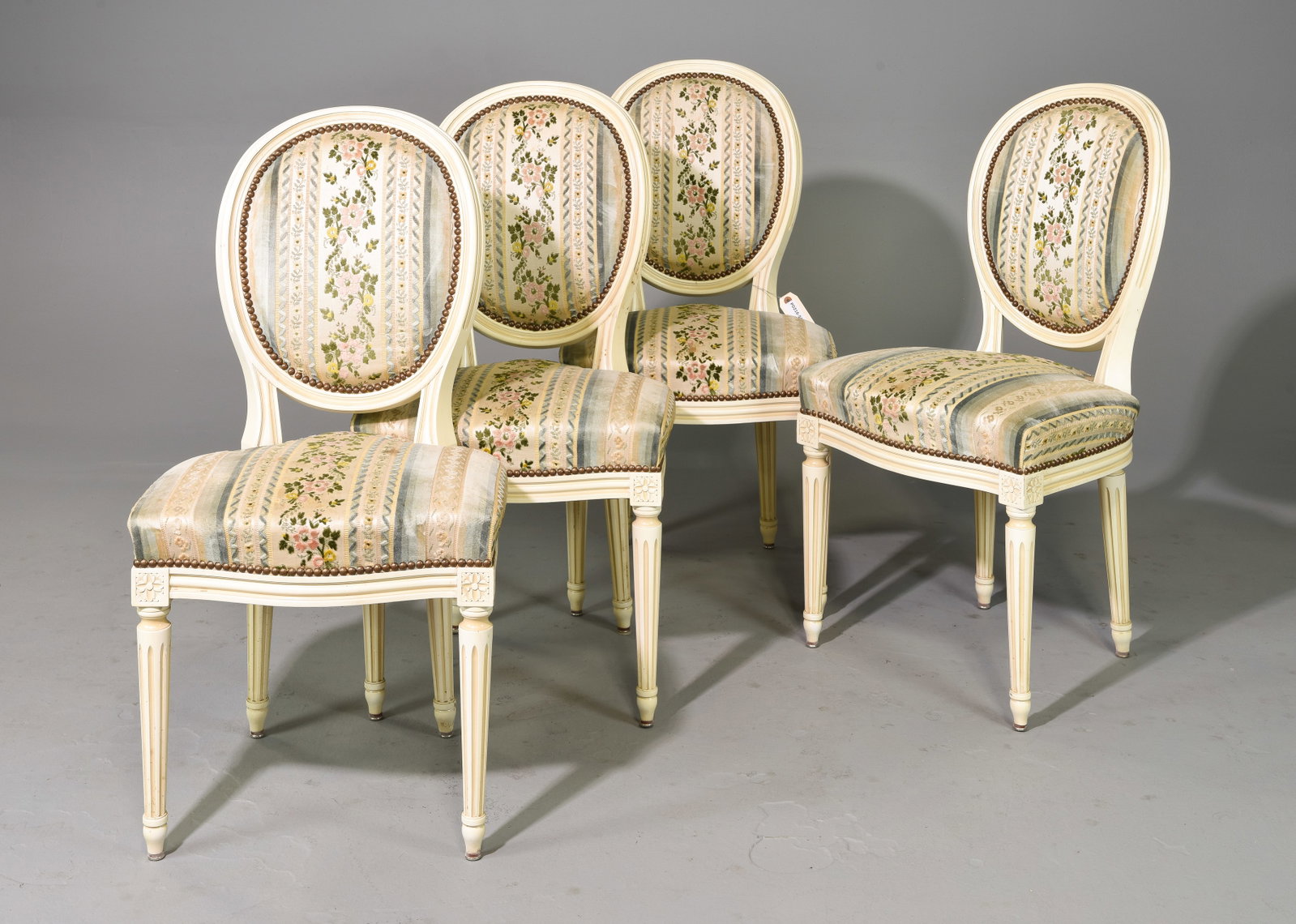 Set Of 4 Louis XV Style Painted Dining Chairs: Set Of 4 Louis XV Style Painted Dining Chairs - 36.5 inches tall x 21 x 19, seat height is 19 inches