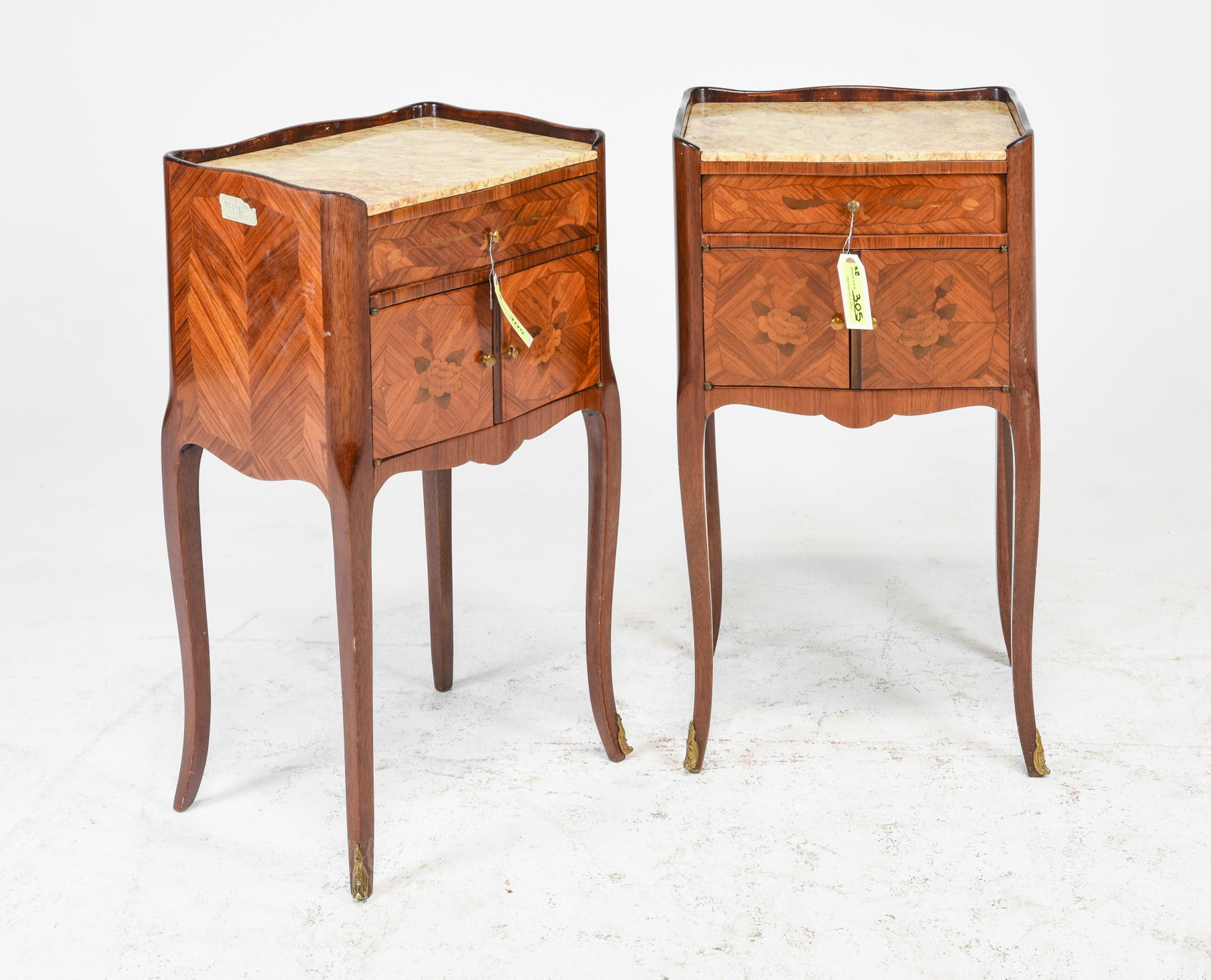 2 Louis XV Style Marble Top Nightstands: 2 French Louis XV Style Marble Top Nightstands / Occasional Cabinets - 29 in tall x 15.5 x 12 each