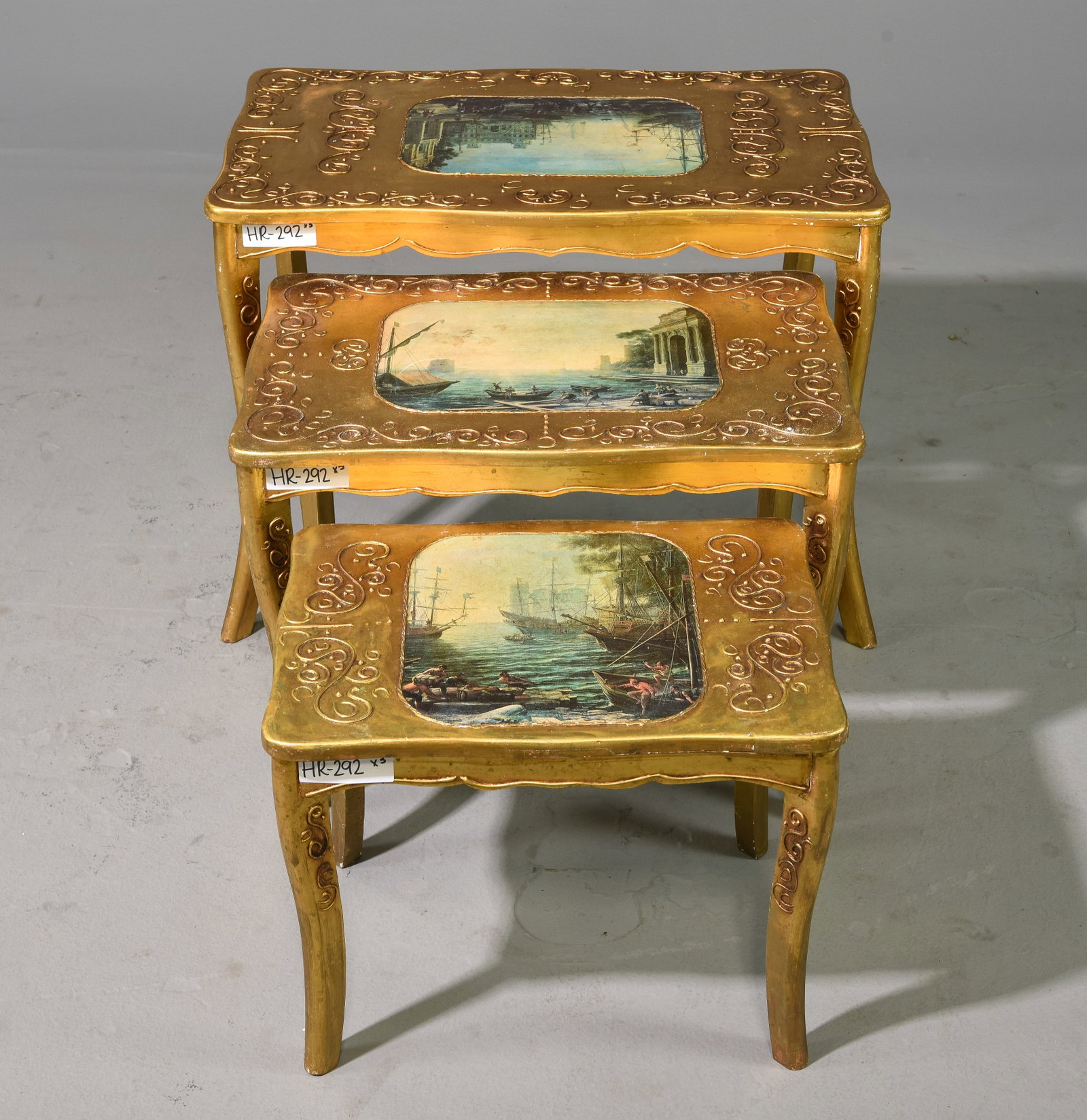 Gold Gilded Nest Of 3 Tables: Gold Gilded Nest Of 3 Tables - 18.5 inches x 24.5 x 15