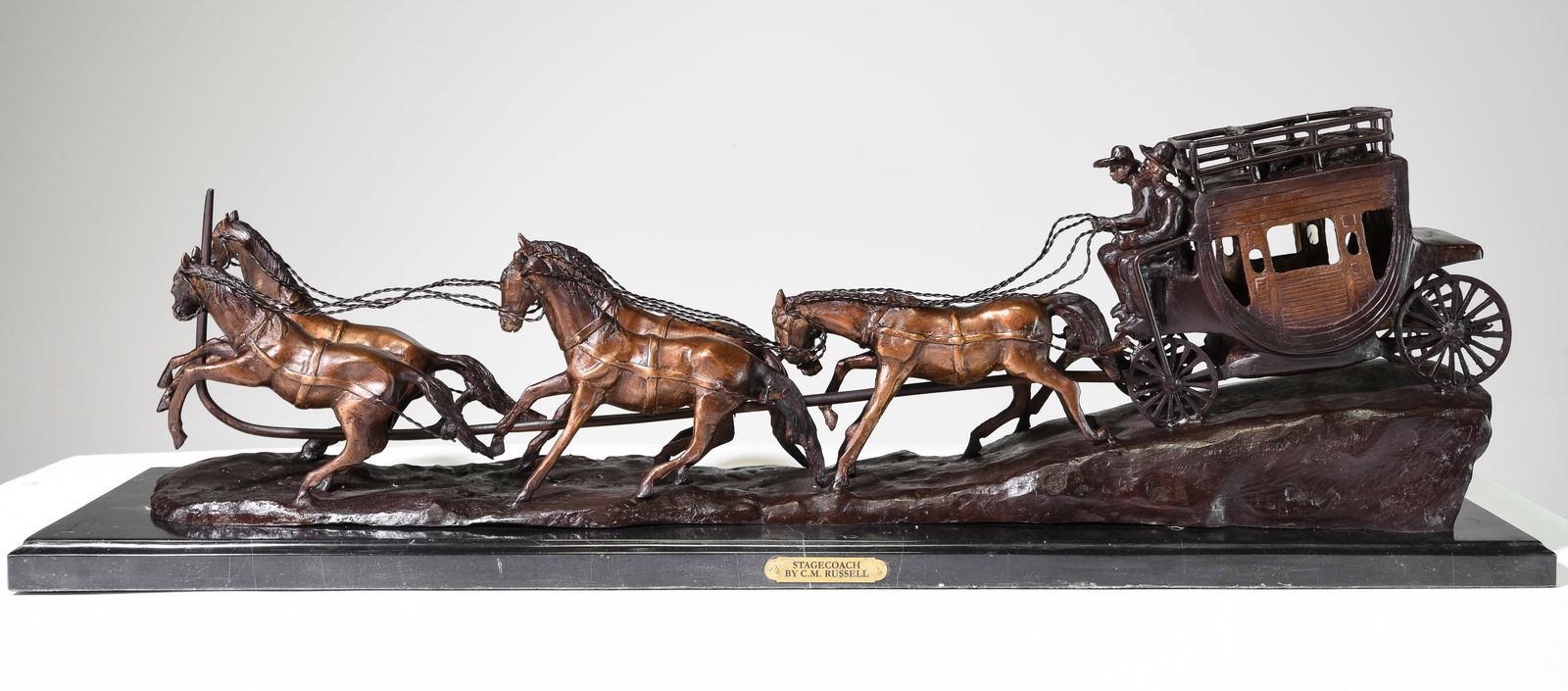 "Stage Coach" Bronze in the manner of C.M Russell: "Stage Coach" Bronze in the manner of C.M Russell - 12 inches tall x 10 x 38