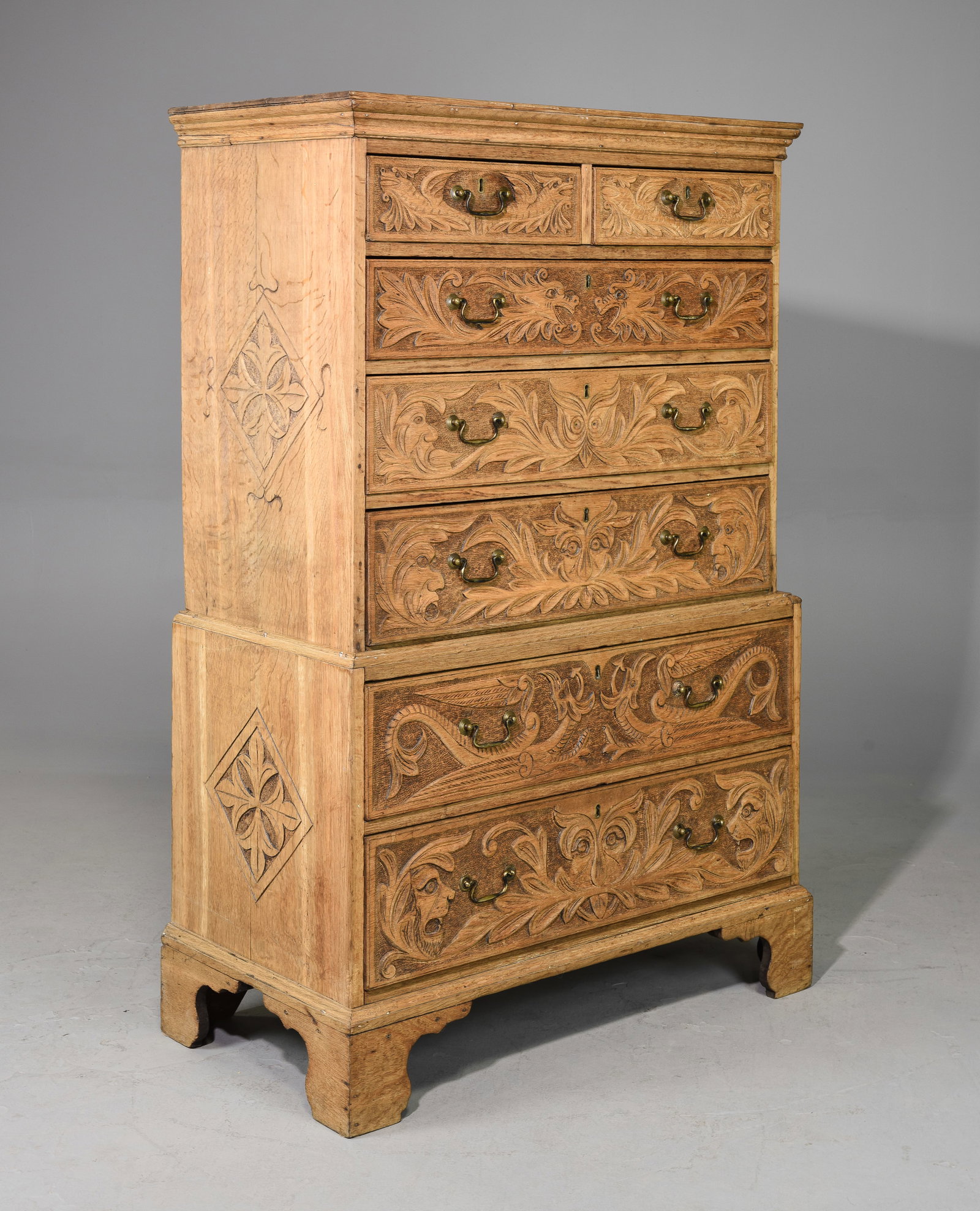 British Carved Bleached Oak Highboy / Chest c.1890's (1 of 8)