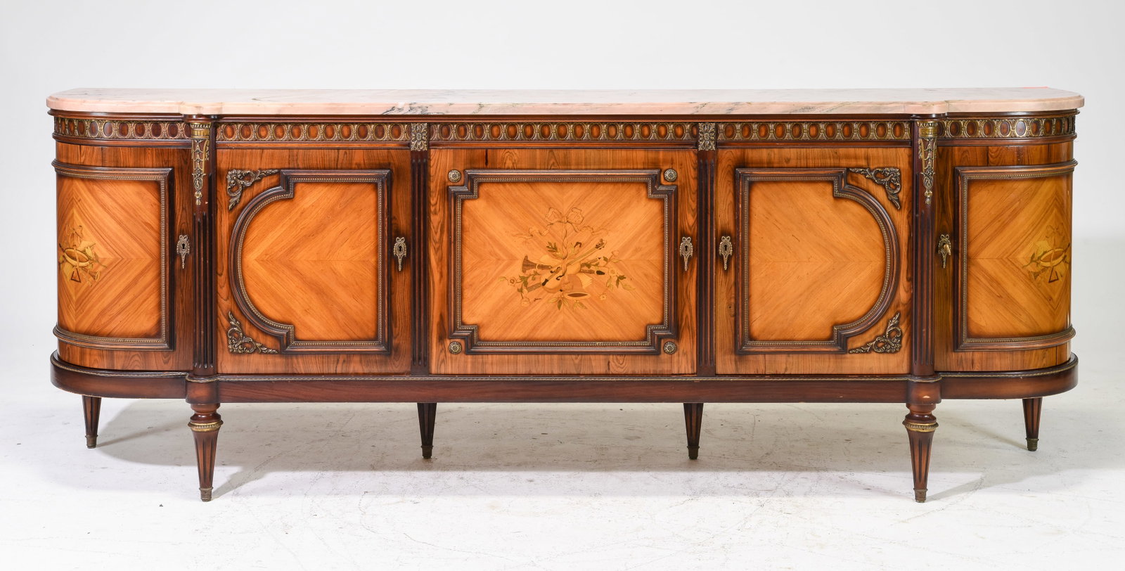 Louis XVI Style Pinkish Marble Top Sideboard: French Louis XVI Style Mahogany Pinkish Marble Top Sideboard - 39 inches tall x 104 x 23