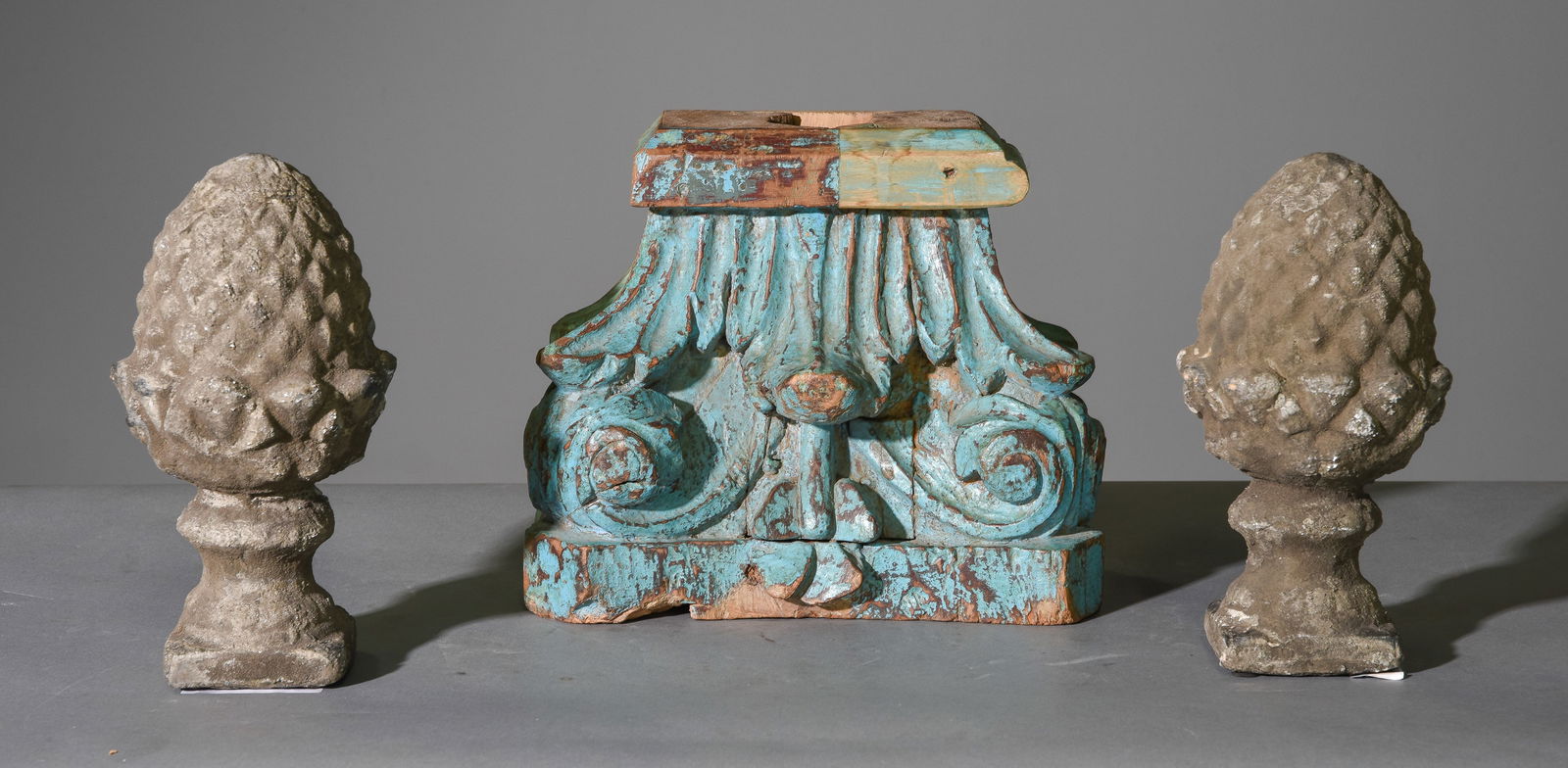 Carved Wooden Pediments & 2 Composition Acorns: Carved Wooden Pediments & 2 Composition Acorns - 10.5 inches tall x 12.5 x 6