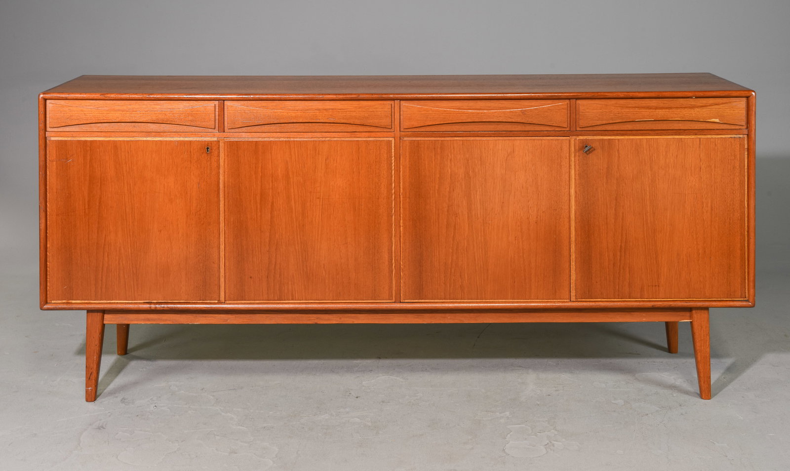 Scandinavian Mid Century Modern Teak Sideboard: Scandinavian Mid Century Modern Teak Sideboard - AB Mobelfabrikerna Linden, Horda- 35 inches tall x 79 x 18