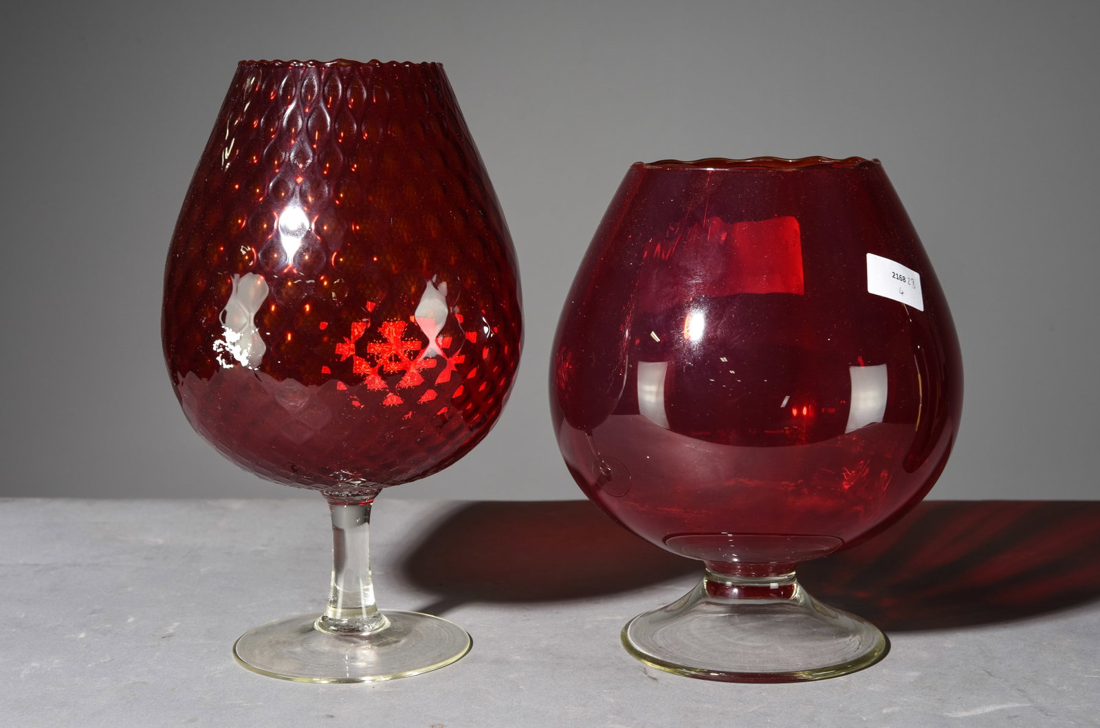 2 Large Blown Red Glass Snifters: 2 Large Blown Red Glass Snifters - The tallest is 12.5 inches tall x 6.5 inch diameter