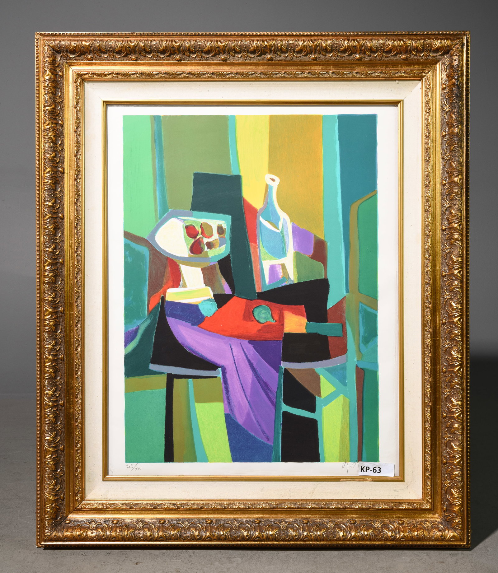Gold Framed Marcel Mouly Lithograph: Gold Framed Marcel Mouly Lithograph - Compotier Blanc a Tableau Noir- Signed - 208 out of 300 - 38 inches tall x 32 x 2
