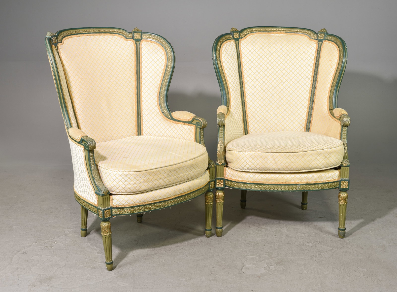 Pair Of Louis XVI Style Upholstered Arm Chairs: Pair Of French Louis XVI Style Upholstered Arm Chairs - 41 inches tall x 28 x 29, seat height is 19 inches
