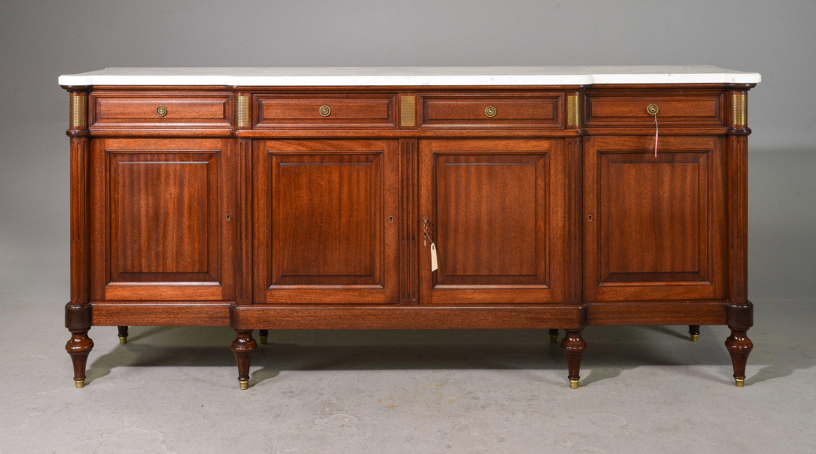 Louis XVI Style Mahogany White Marble Top Sideboard: French Louis XVI Style Mahogany White Marble Top Sideboard - 40 inches tall x 89 x 22