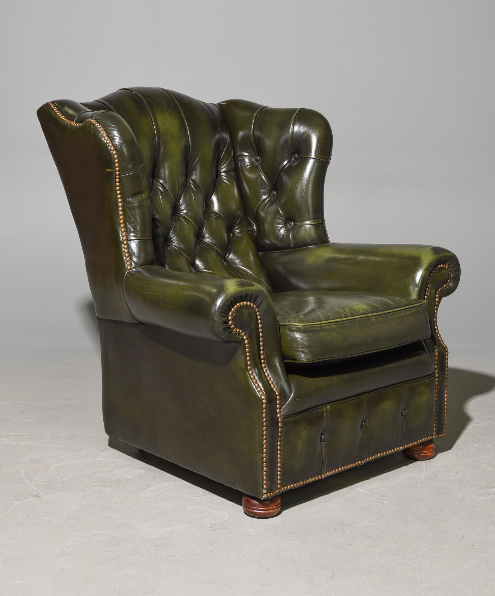 British Green Leather Chesterfield Wing Back Chair (1 of 4)
