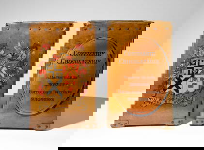 2 French Leather Bins / Buckets: 2 French Leather Bins / Buckets - Confiserie Chocolaterie -16.5 inches tall x 10 x 10