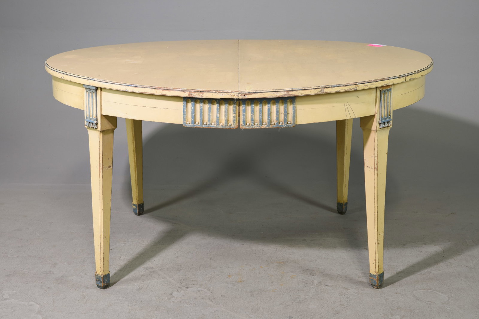 French Painted Dining Table with Tapered Legs: French Painted Dining Table with Tapered Legs - 28.5 in tall x 55 x 47, Floor to apron is 24 inches