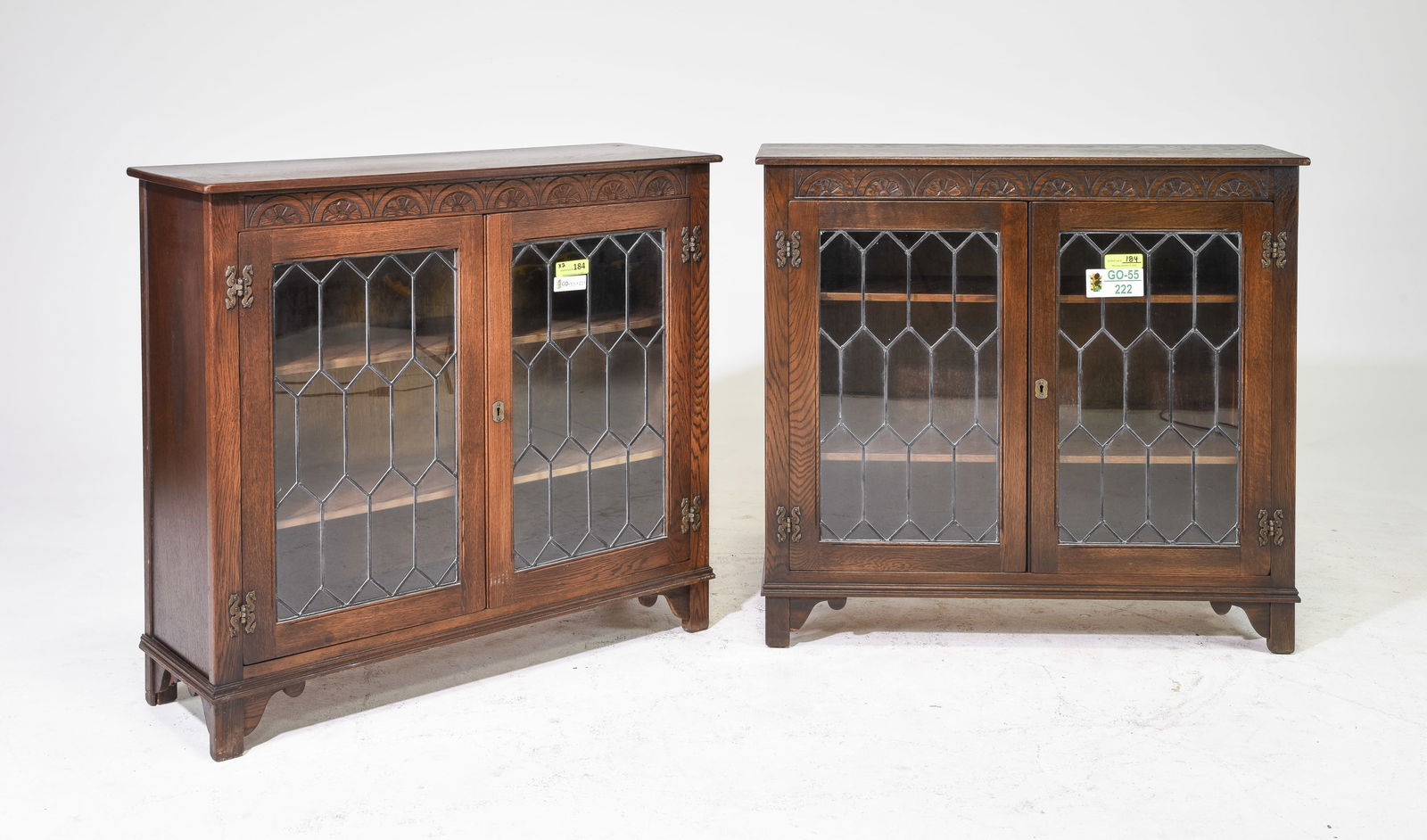 2 British Oak Leaded Glass Bookcases c.1930's (1 of 4)