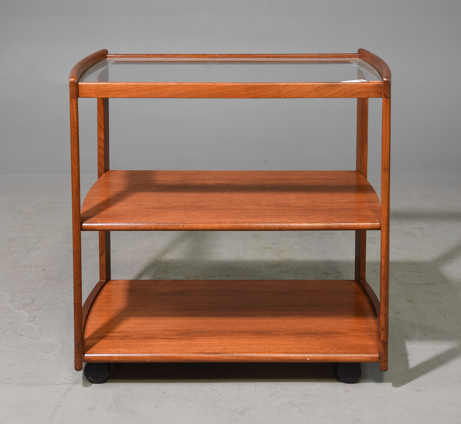 Mid Century Modern 3 Tier Trolley / Bar Cart - Gplan: Danish Modern Style Glass Top 3 Tier Trolley / Bar Cart by Gplan - 31 in tall x 32 x 20