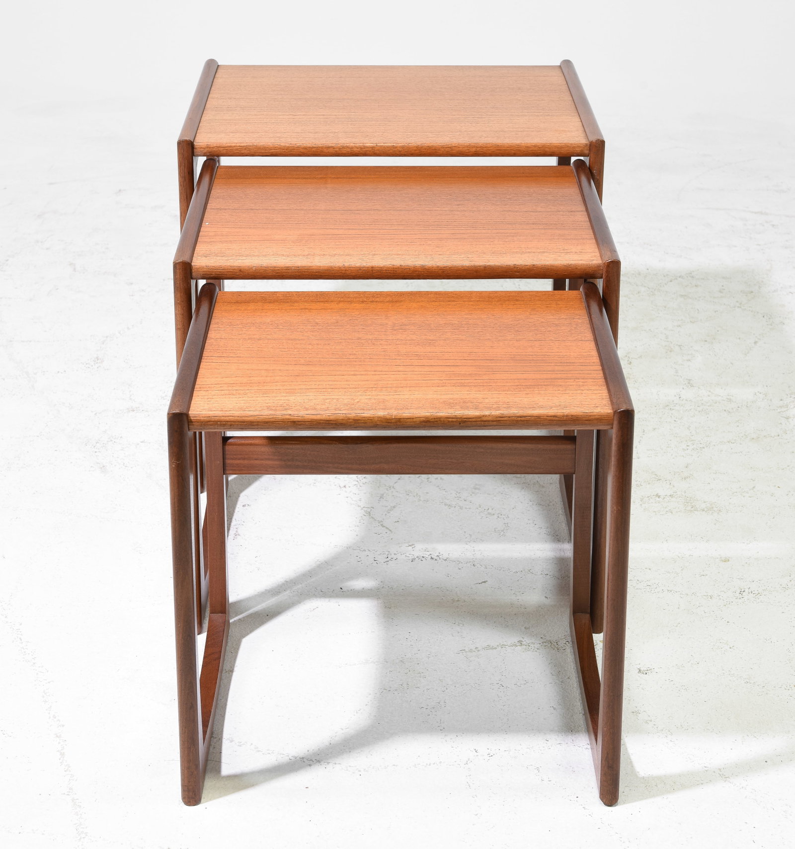 Mid Century Modern Quadrille Nest of 3 Tables: This Danish Modern Style Nest is British and made by Mid Century Modern Furniture Maker G Plan ( Gplan ) it stacks to make a bookcase as well. Measurement for largest table is 20 in tall x 22 wide x 1