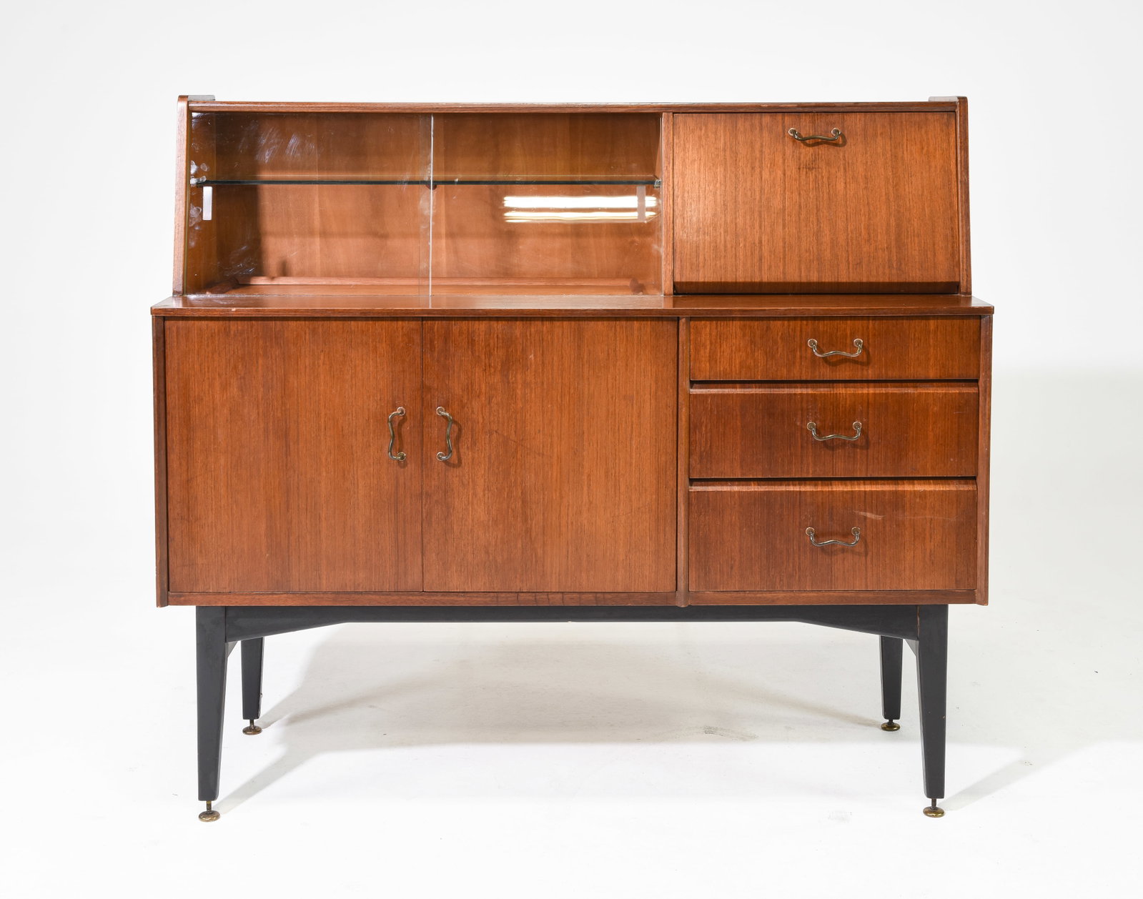 Mid Century Modern High board - Nathan: This Danish Modern Style hutch / cocktail cabinet is from England, likely by Nathan Furniture co. - 43 inches tall x 48 x 18
