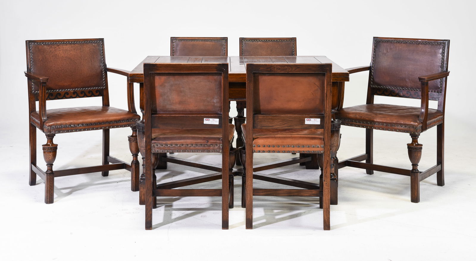 Oak Draw Leaf Table & 6 Leather Back Chairs: Oak Draw Leaf Table & 6 Leather Back Chairs - 30 inches tall x 48 x 42, leaves are 15 inches - Chairs are 34 inches tall x 19 x 17, seat height is 18 inches