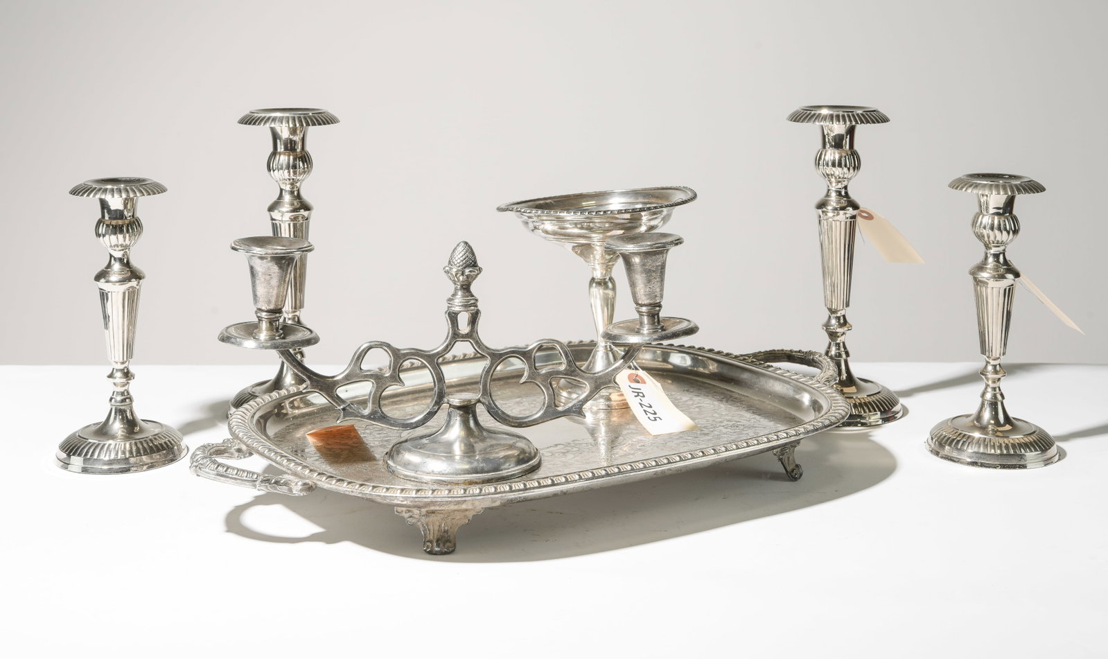 Silver Serving Platter & Candlesticks: Silver Serving Platter & Candlesticks - Some of these are marked - Platter is 2 in tall x 22 x 14