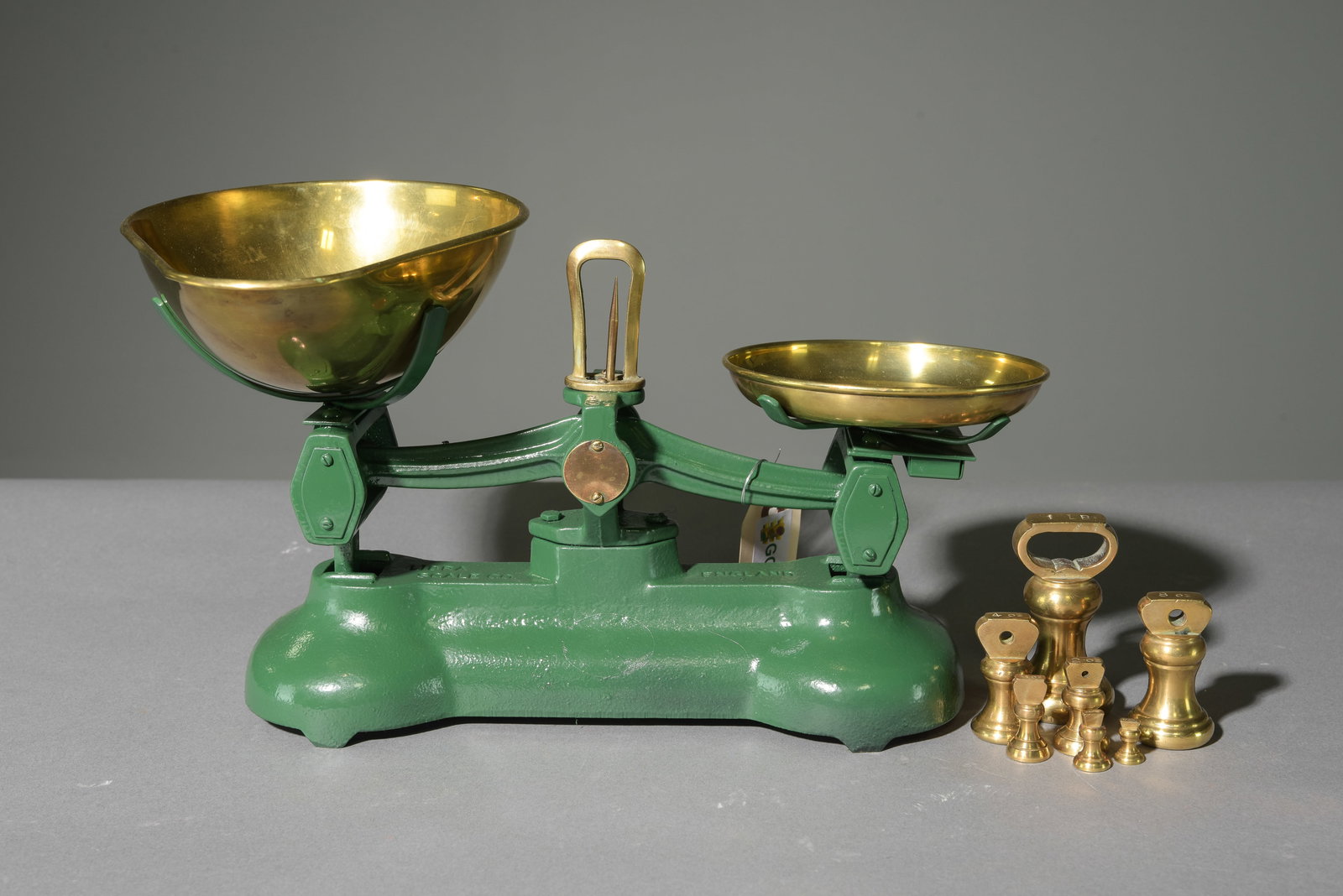 British Green Painted Balance Scale with Bell Weights (1 of 3)