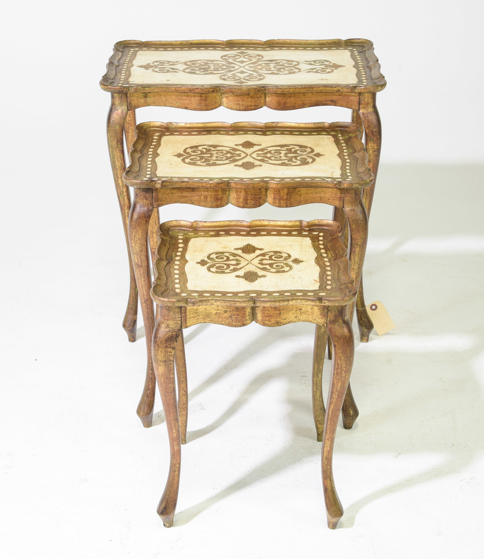Florentine Gold & Cream Nest of 3 Tables: Florentine Gold & Cream Nest of 3 Tables - 23 in tall x 22.5 x 14.5