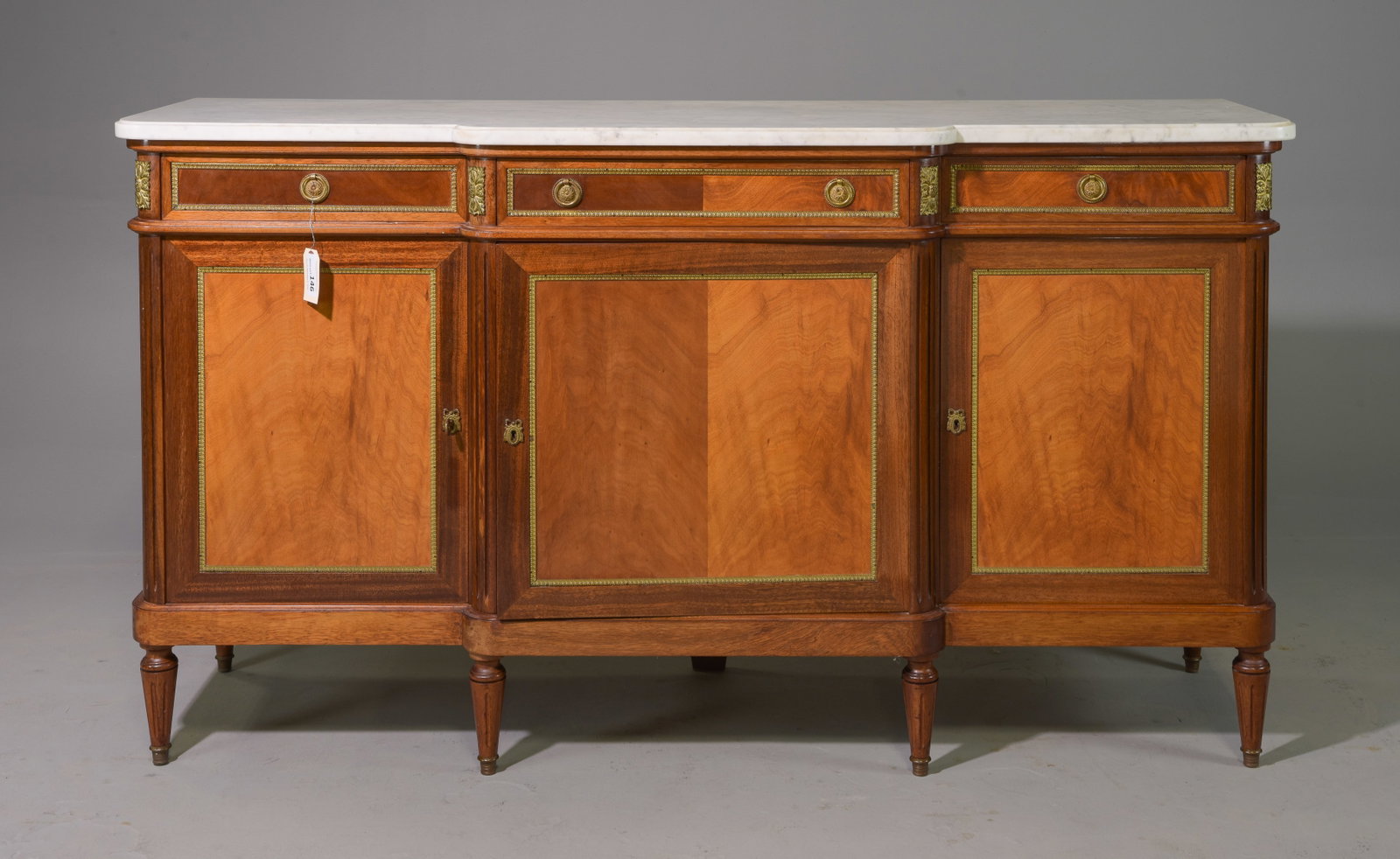 Louis XVI Style White Marble Top Sideboard: French Louis XVI Style Mahogany White Marble Top Sideboard - 40 inches tall x 71 x 22