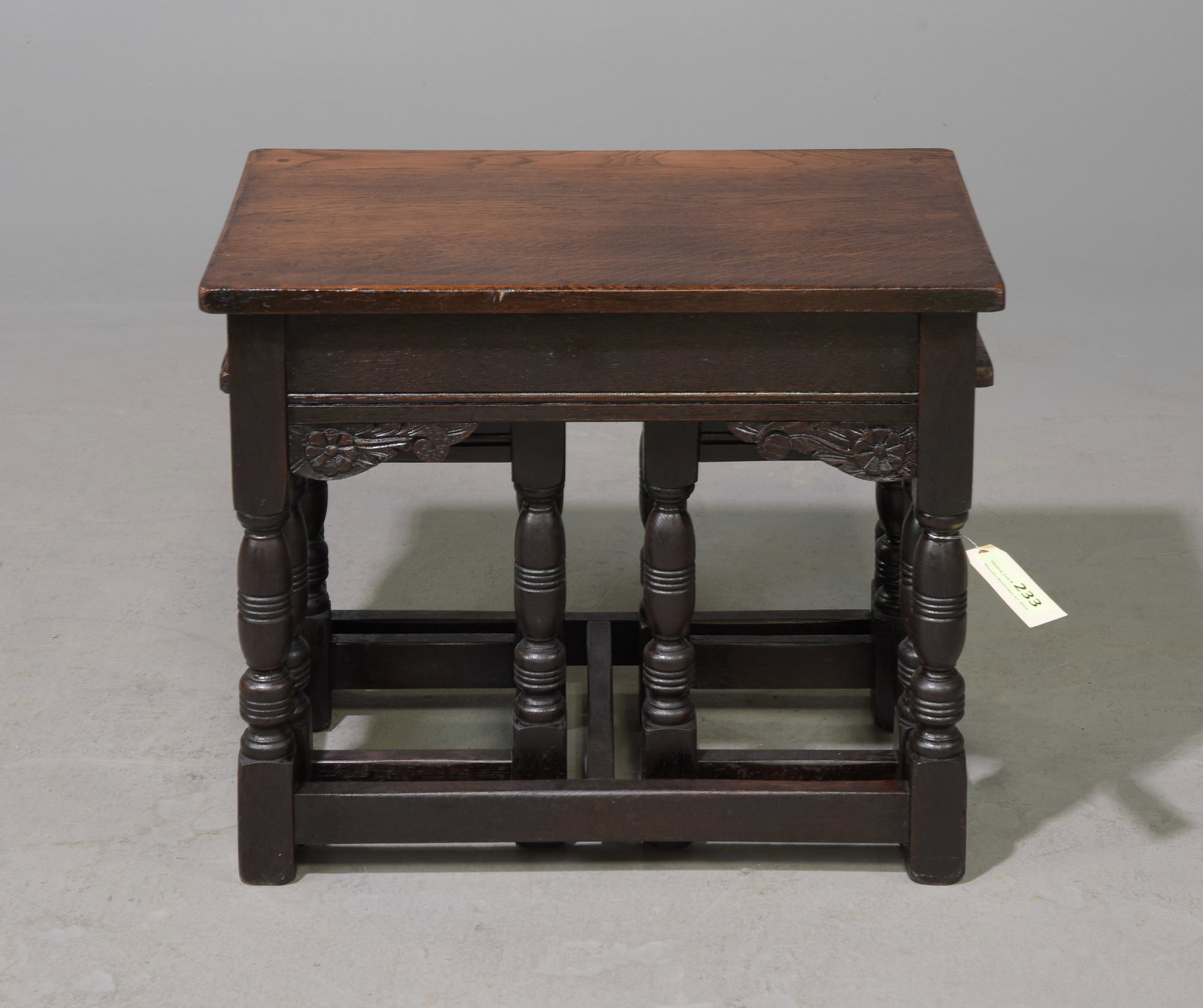 British Dark Oak Nest of Three Tables: British Dark Oak Nest of Three Tables - 20 in tall x 24 x 15, Two pull out tables are 16.5 in tall x 11.5 x 11.5 each