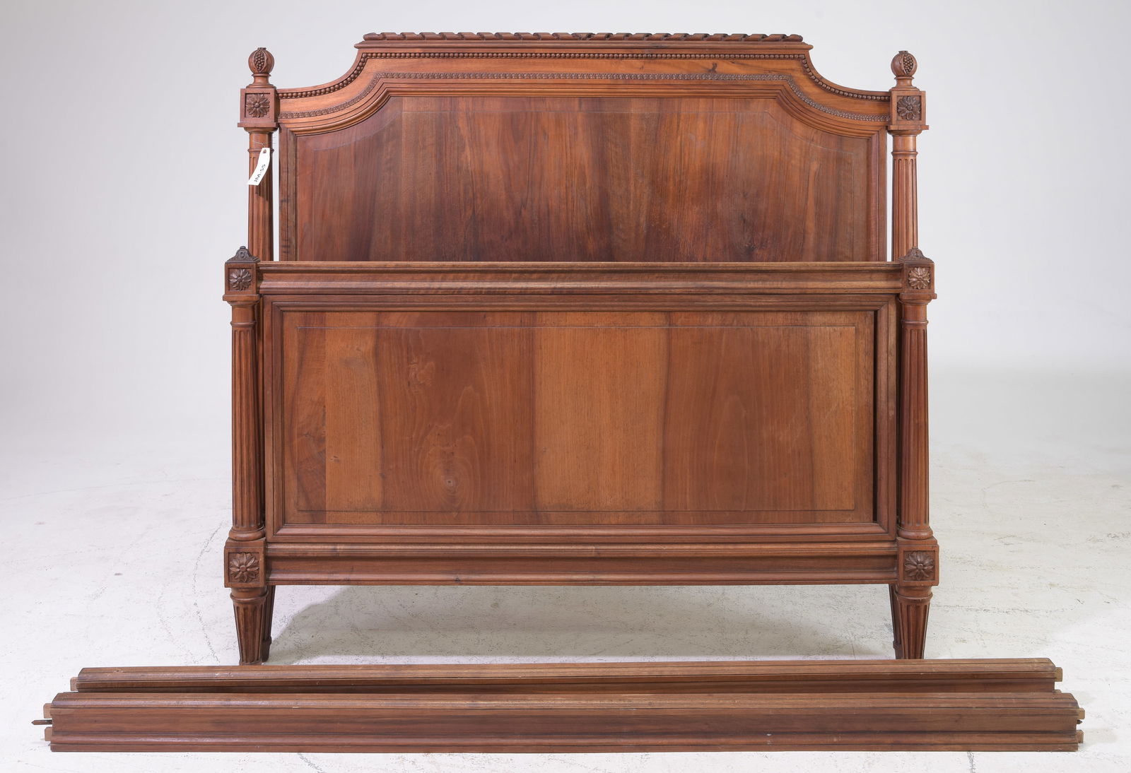 Louis XVI Style Chestnut Bed with Rails: Louis XVI Style Chestnut Bed with Rails - Headboard is 51 in tall x 55 x 3, Rails are 73 inches long each - This bed is a European size which can usually be converted to an American size by removing t
