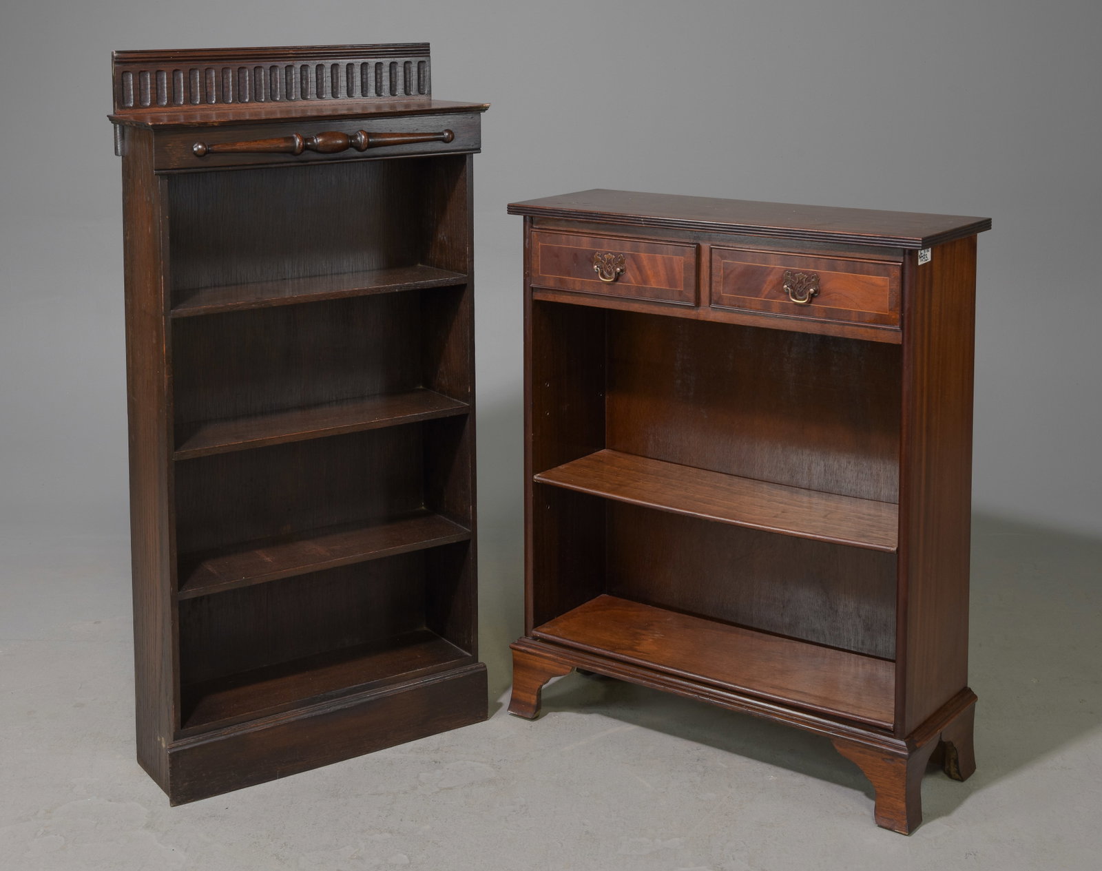 2 English Mahogany & Oak Bookshelves: 2 English Mahogany & Oak Bookshelves c.1930's - 47 in tall x 24 x 8 and 35.5 in tall x 30 x 11.5