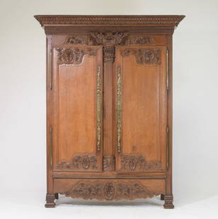 French Normandy Style Carved Oak Armoire: French Normandy Style Carved Oak Double Door Armoire c.1920's-30's - 92 in tall x 72 x 23 - This is 7.6 feet tall