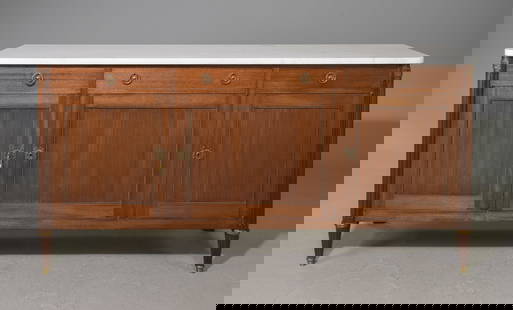 Louis XVI Style White Marble Top Sideboard: French Louis XVI Style White Marble Top Sideboard / Enfilade - 37 in tall x 75 x 20