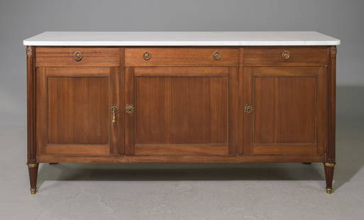 Louis XVI Style White Marble Top Sideboard: French Louis XVI Style White Marble Top Sideboard / Enfilade - 37 in tall x 75 x 20