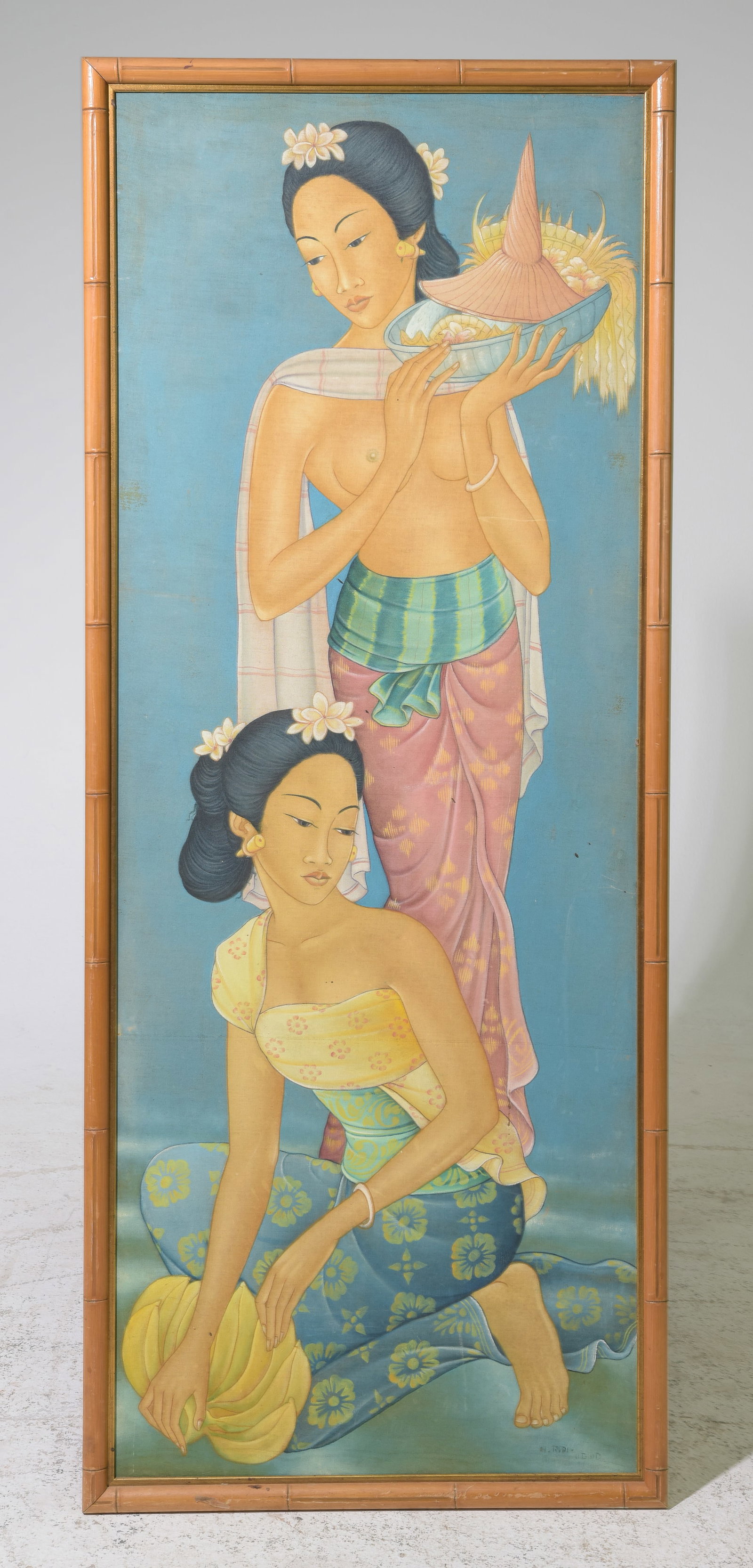 Faux Bamboo Framed Asian Art on Board: Faux Bamboo Framed Asian Art on Board - 57 in tall x 23.5 x 1.5
