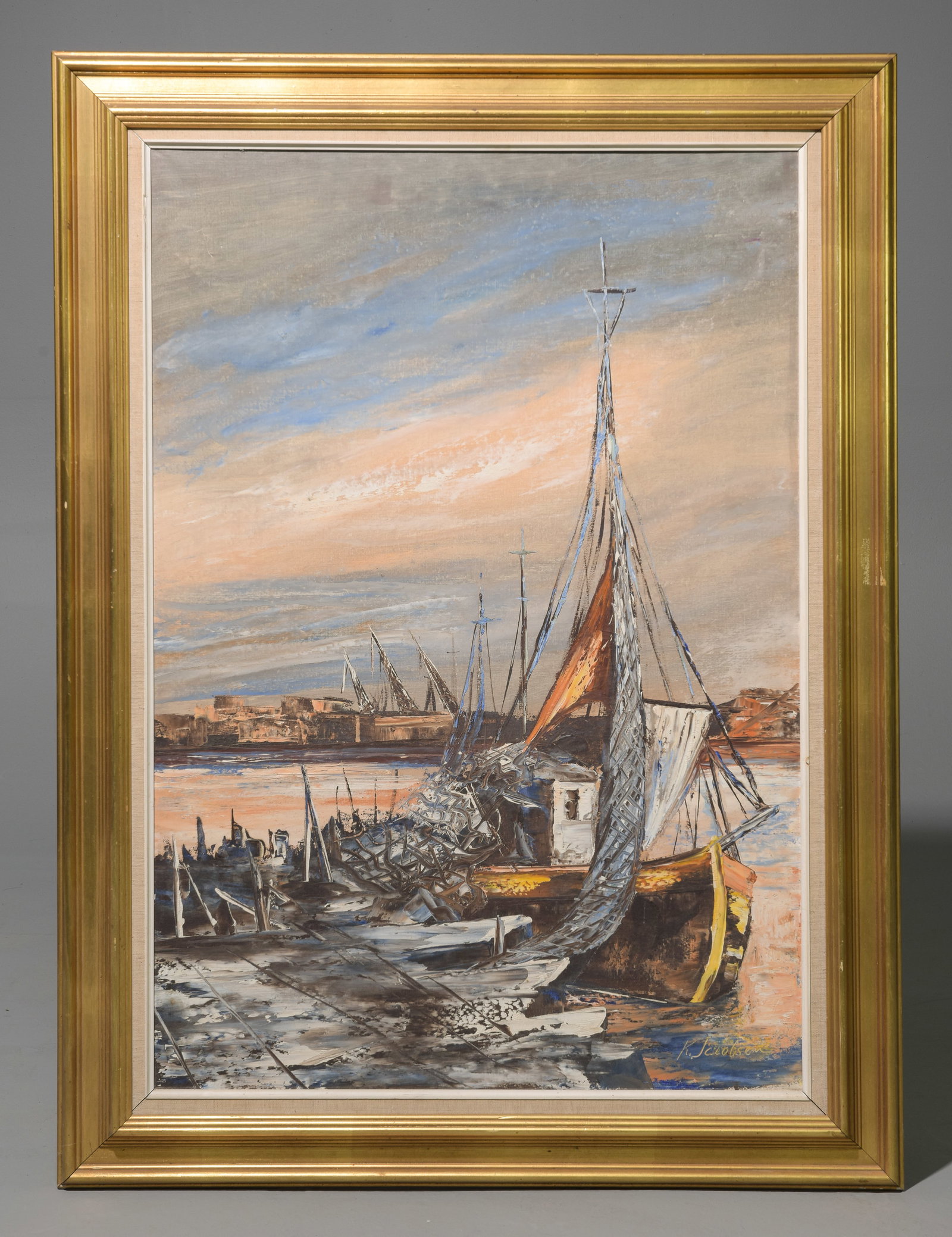 Gold Framed Oil on Canvas - Sail Boats: Gold Framed Oil on Canvas - Sail Boats - 46 in tall x 34 x 1, The art itself is 37.5 x 25.5