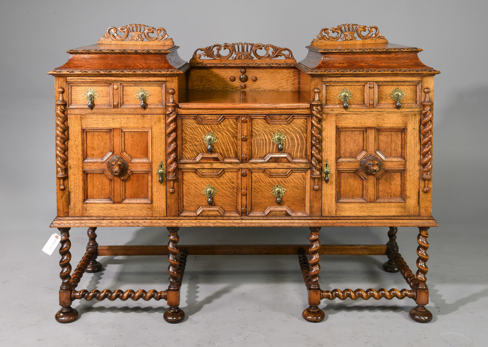 British Carved Oak Barley Twist Drop Center Sideboard: British Carved Oak Barley Twist Drop Center Sideboard - 48 in tall x 68 x 22