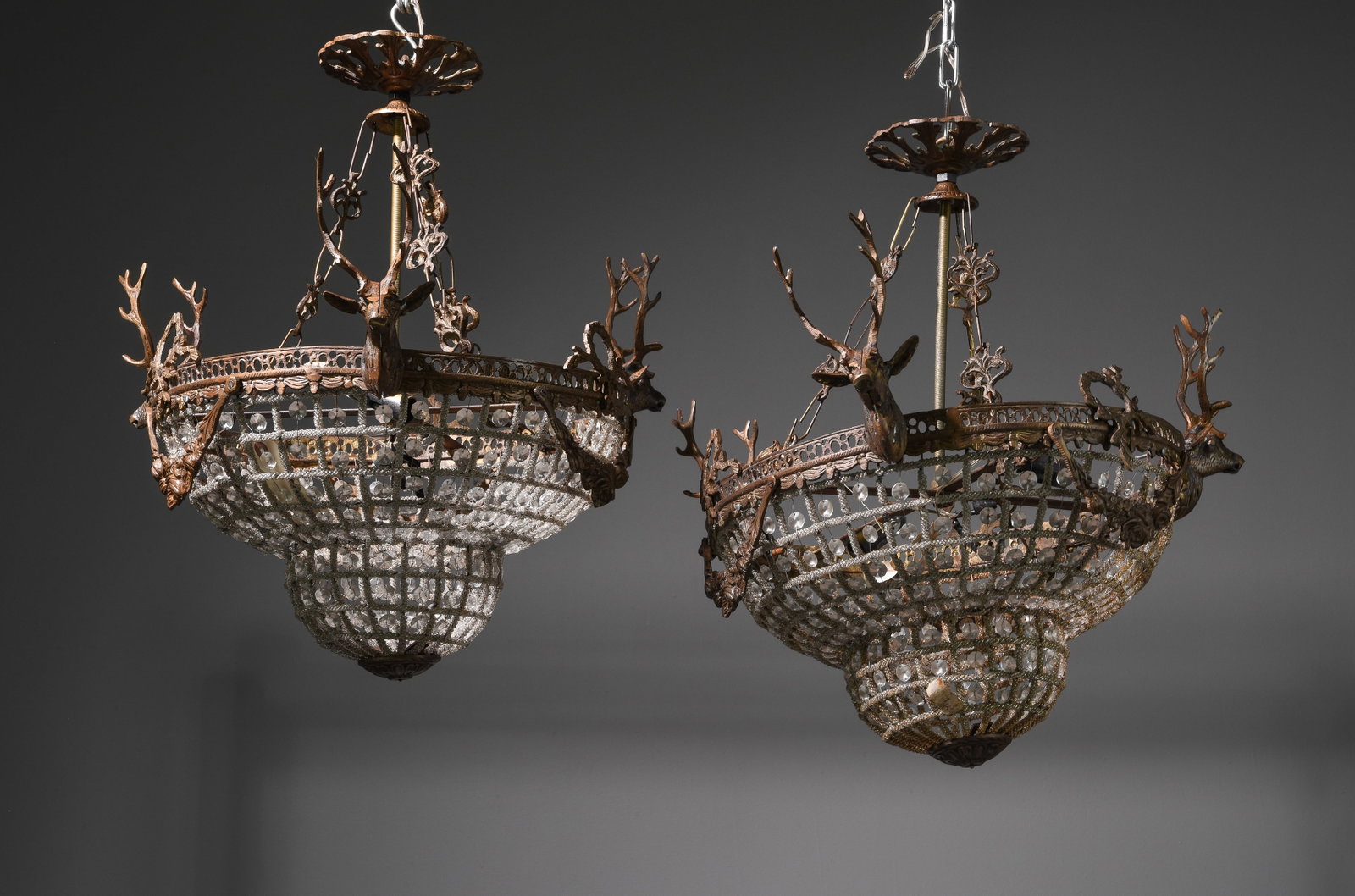 Pair of Empire Style Basket Chandeliers: Pair of Empire Style Basket Chandeliers - with metal stags - 22 in tall x 22