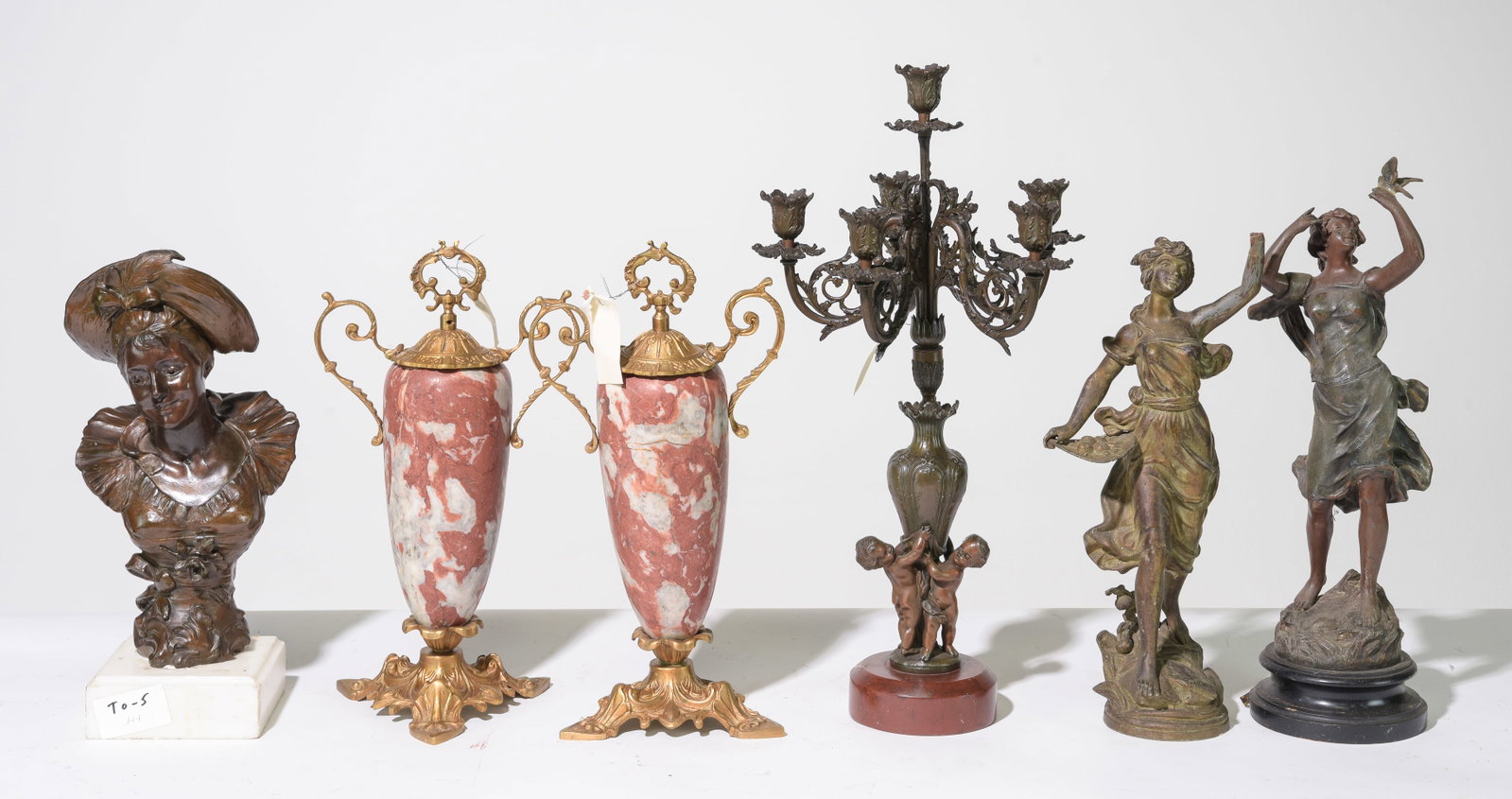6pcs - Marble Garnitures, Candelabra & Figures: 6pcs - Marble Garnitures, Candelabra & Figures - Candelabra is 23 in tall x 12 x 12
