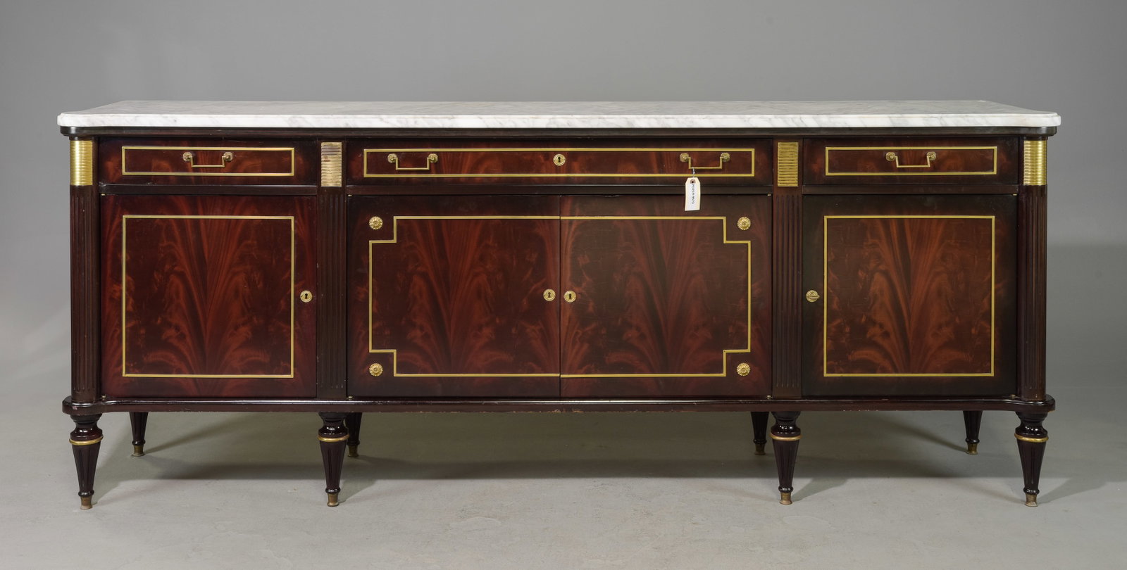 Louis XVI Style White Marble Top Sideboard #2: French Louis XVI Style White Marble Top Mahogany Sideboard / Enfilade - 39.5 in tall x 98 x 21.5 - This is just over 8 feet long