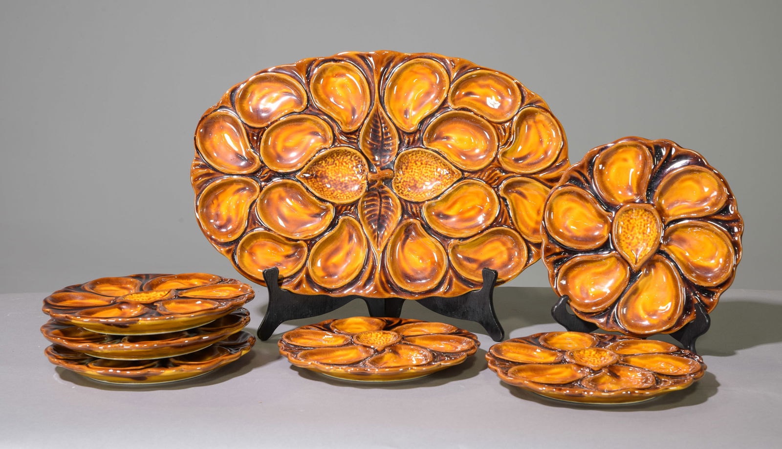 Set of 7 French Brown Earthenware Oyster Plates (1 of 2)