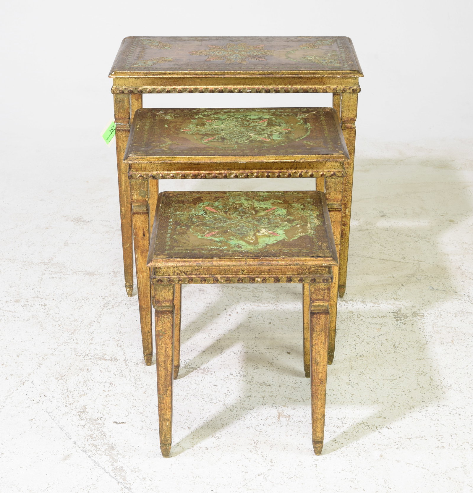 Florentine / Gilded Nest of Three Tables: Florentine / Gilded Nest of Three Tables - Largest is 23 in tall x 22 x 13, The middle is 19.5 in tall x 18 x 13.5 and the smallest is 16.5 in tall x 13.5 x 13.5