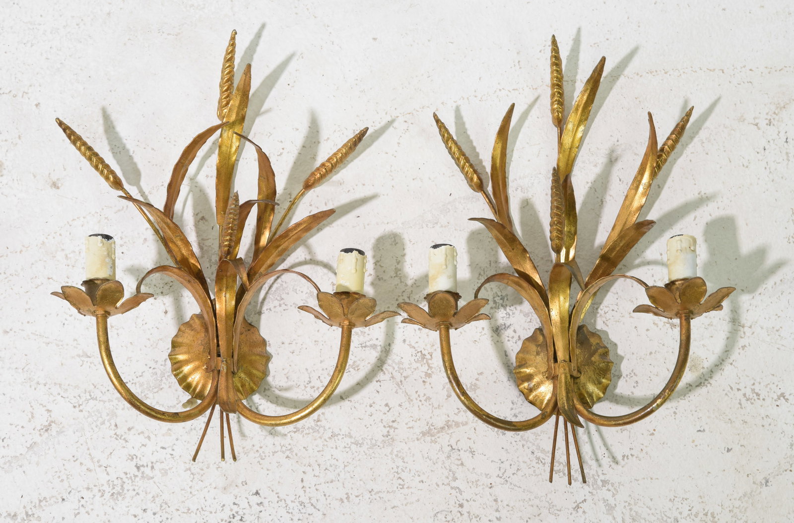 Two French Style Gold Finished Sconces: Two French Style Gold Finished Sconces - 16 in tall x 13 x 5 each