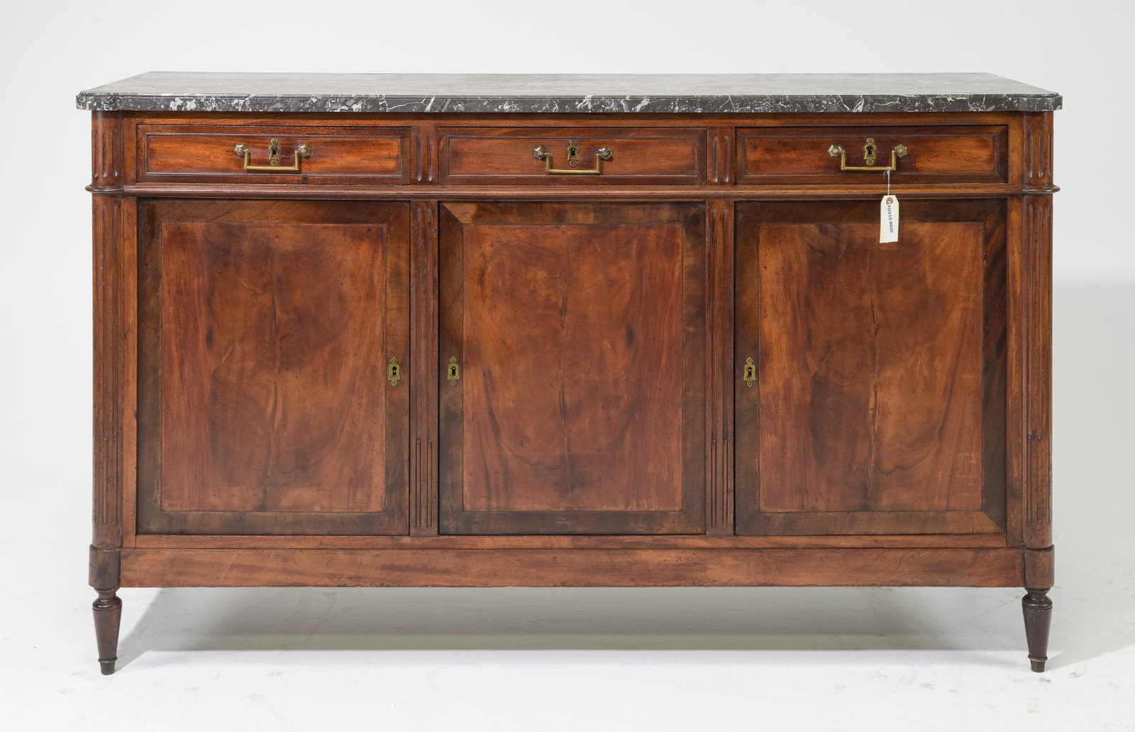 Louis XVI Style Grey Marble Top Sideboard: French Louis XVI Style Grey Marble Top Mahogany Sideboard - 41 in tall x 68 x 22