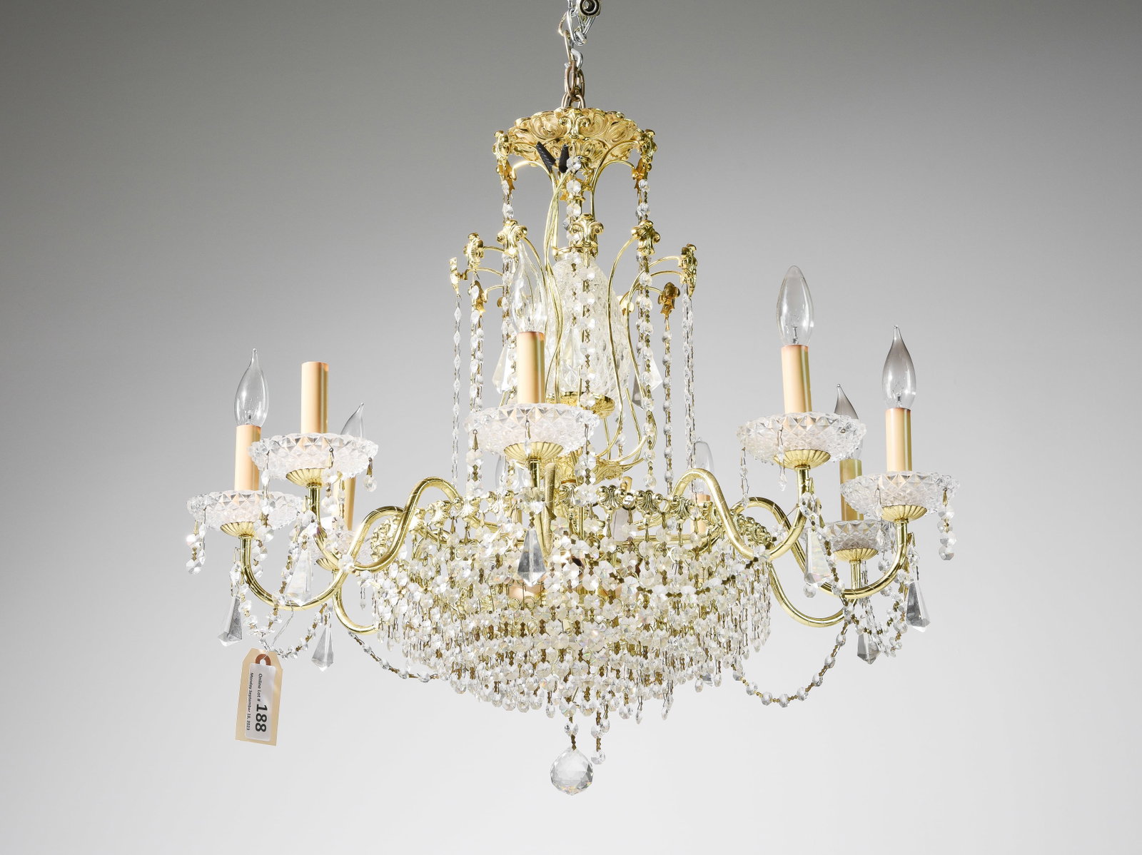 9 Light French Style Gilt Chandelier With Crystals: 9 Light French Style Gilt Chandelier With Crystals - 26 inches tall x 29 inch diameter