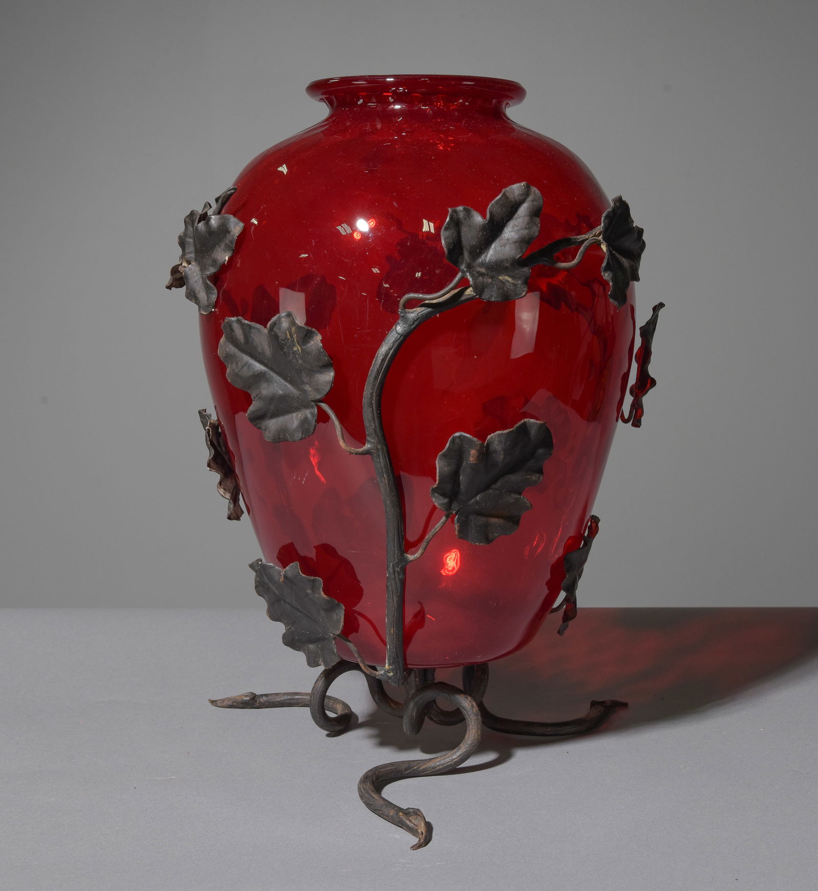 Red Glass Vase with Foliate Metal Stand (1 of 3)