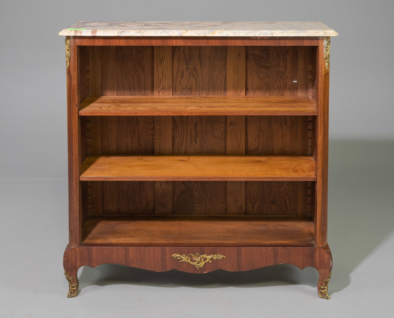 French Mahogany Marble Top Bookshelf: French Mahogany Marble Top Bookshelf - 40 in tall x 40 x 13, Shelf depth is 10 inches with a width of 35.5 inches and they are adjustable