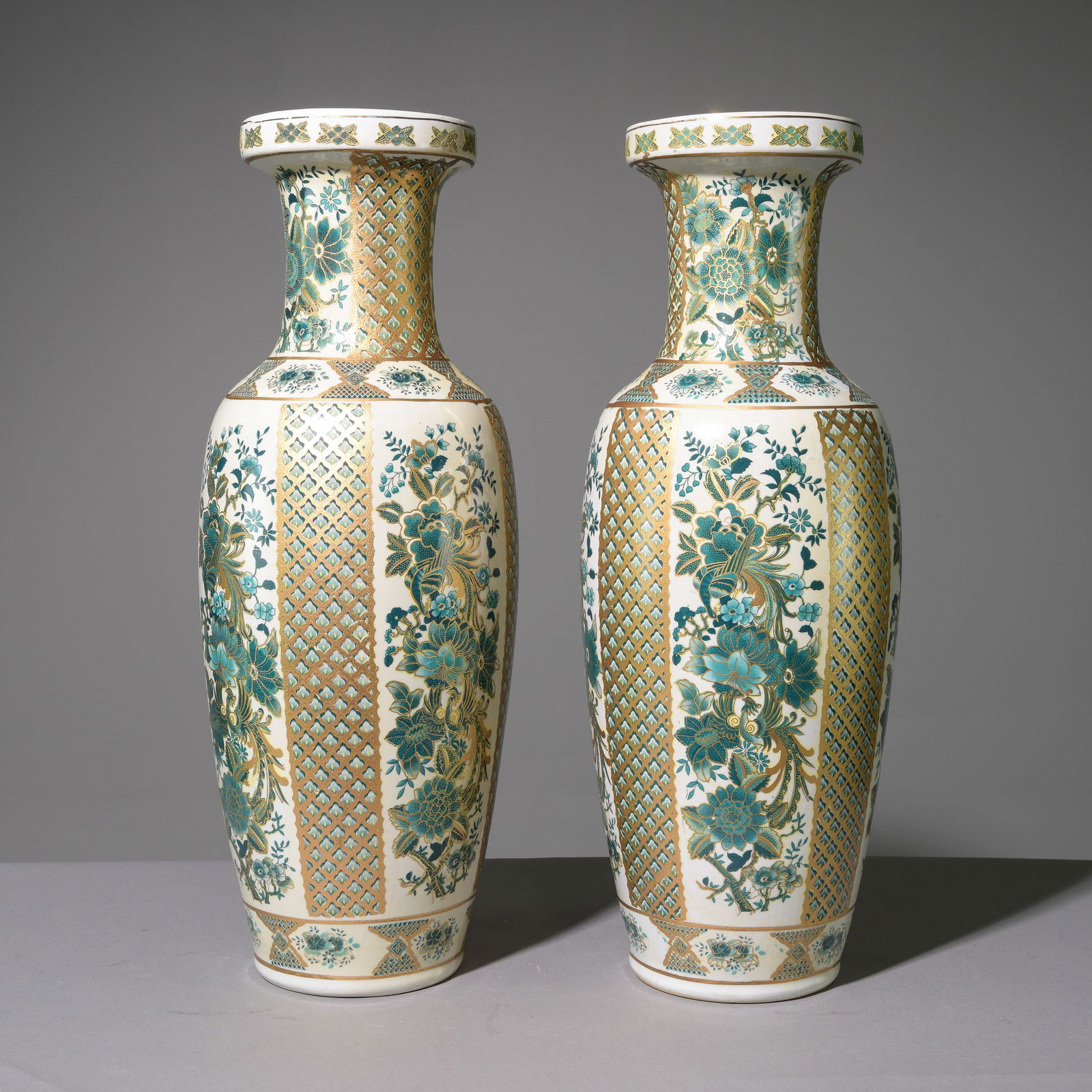 Two Asian Gold & Green / Blue Vases (1 of 3)